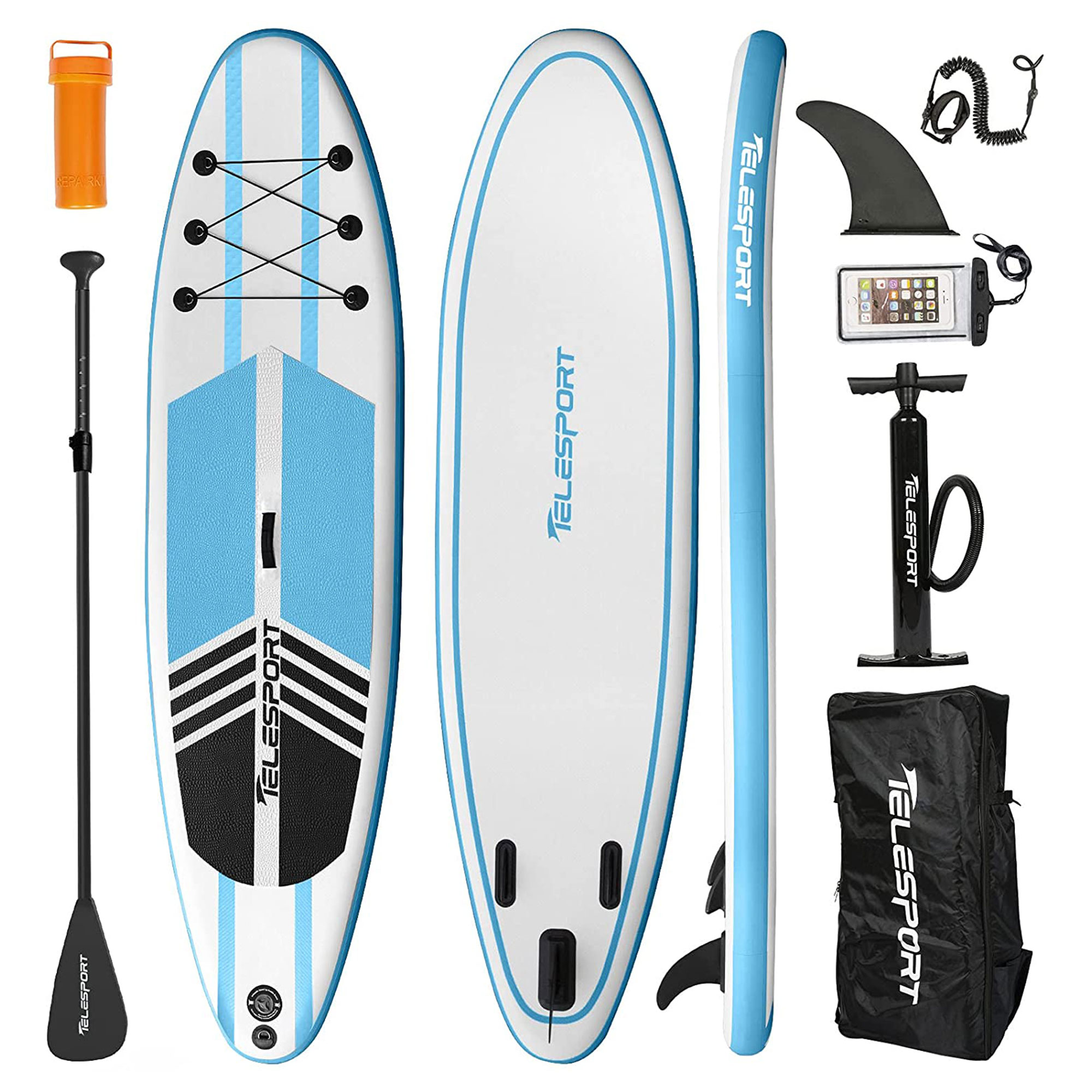 TELESPORT Paddle Boards Blowup SUP Paddleboard w/ Accessories. White & Blue