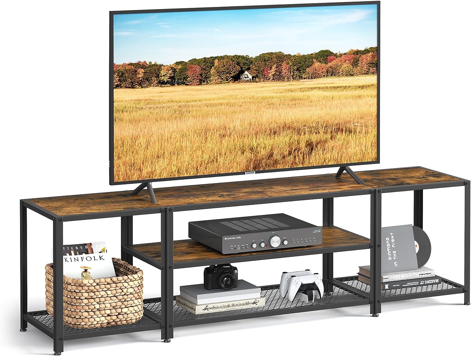 VASAGLE Modern TV Stand for TVs up to 75 Inches. 3-Tier Entertainment Center. Industrial TV Console Table with Open Storage Shelves. for Living Room. Bedroom. Rustic Brown and Black ULTV098B01