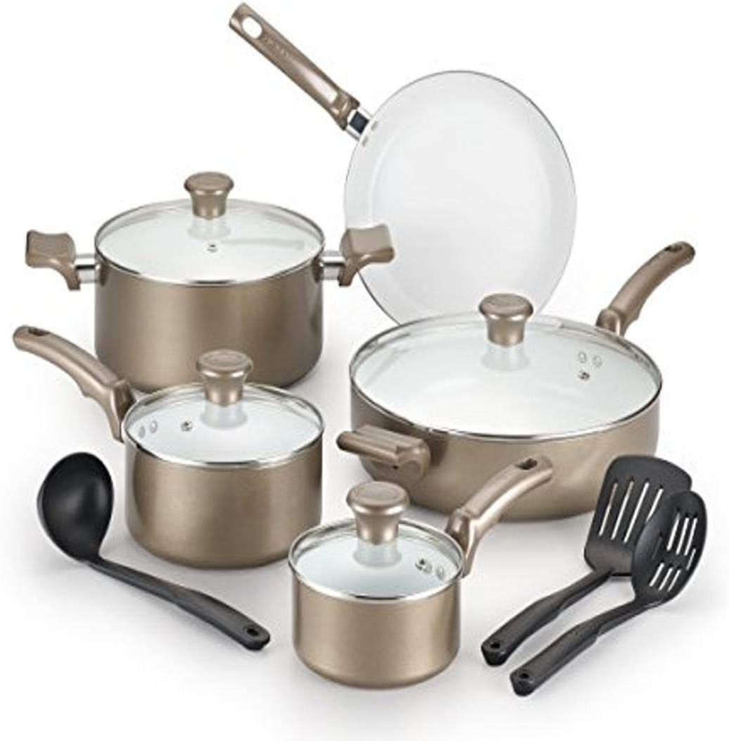 T-fal C991SE Ceramic Chef Cookware Set. 12-Piece. Champagne
