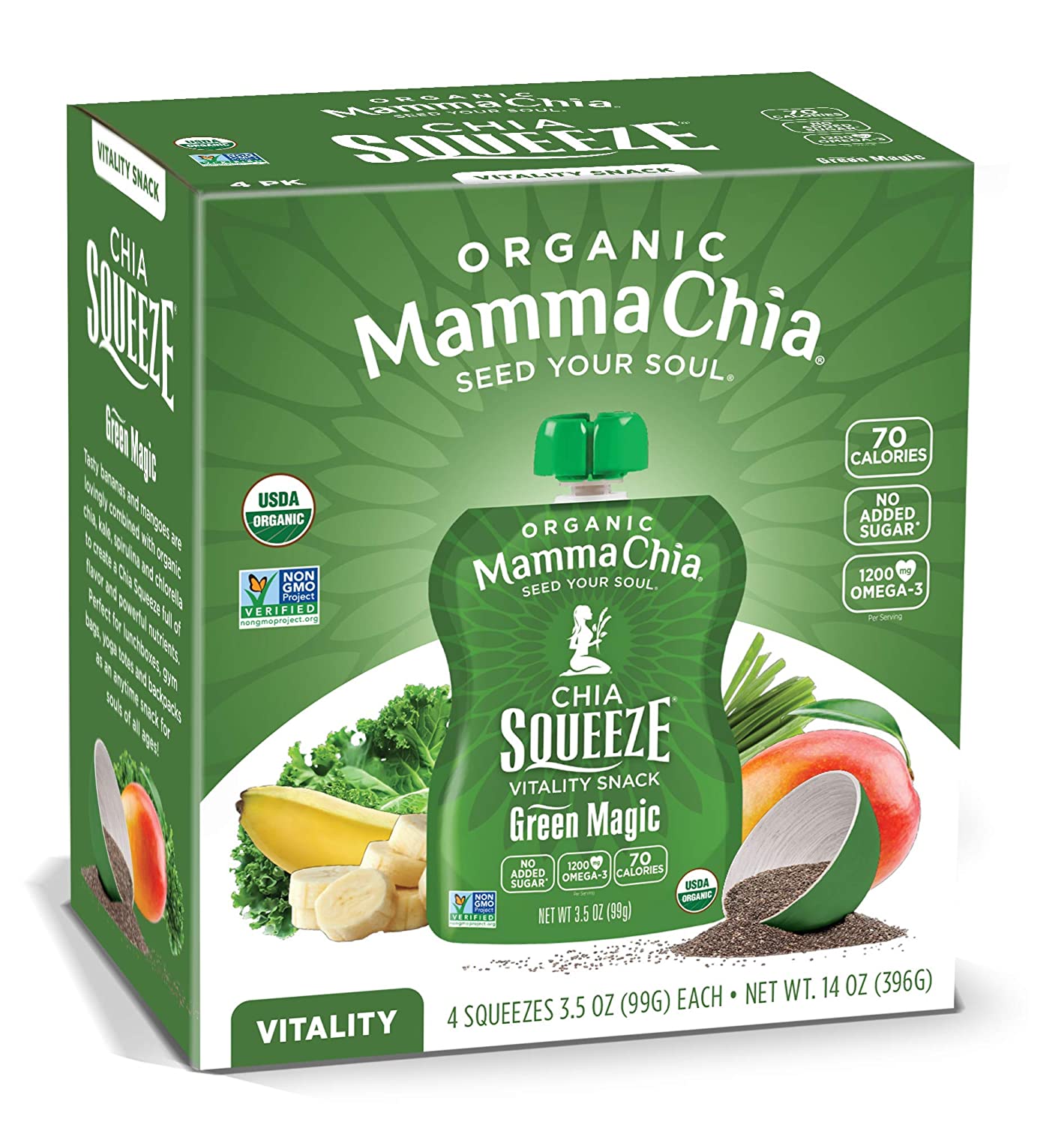 Mamma Chia Organic Vitality Squeeze Snack. Green Magic. 24- 3.05 Ounce Chia Snack. USDA Organic. Non-GMO. Vegan. Gluten Free. and Kosher. Fruit and Vegetables with only 70 Calories