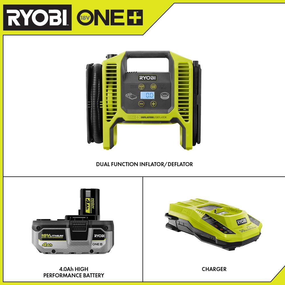 RYOBI P747-PSK004 ONE+ 18V Cordless Dual Function Inflator/Deflator with HIGH PERFORMANCE 4.0 Ah Battery and Charger Kit
