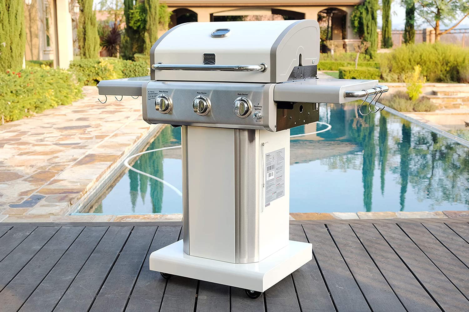 Kenmore 3-Burner Outdoor BBQ Propane Gas Grill with Foldable Sides. Pearl White