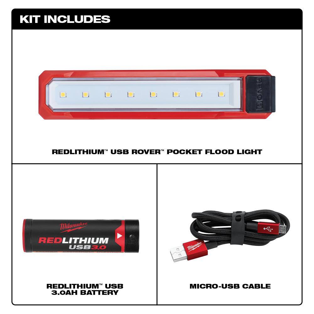 Milwaukee 2112-21-2115-21 445 Lumens LED REDLITHIUM USB Rover Pocket Flood Light & 600 Lumens LED USB Low-Profile Hard Hat Headlamp (2-Pack)
