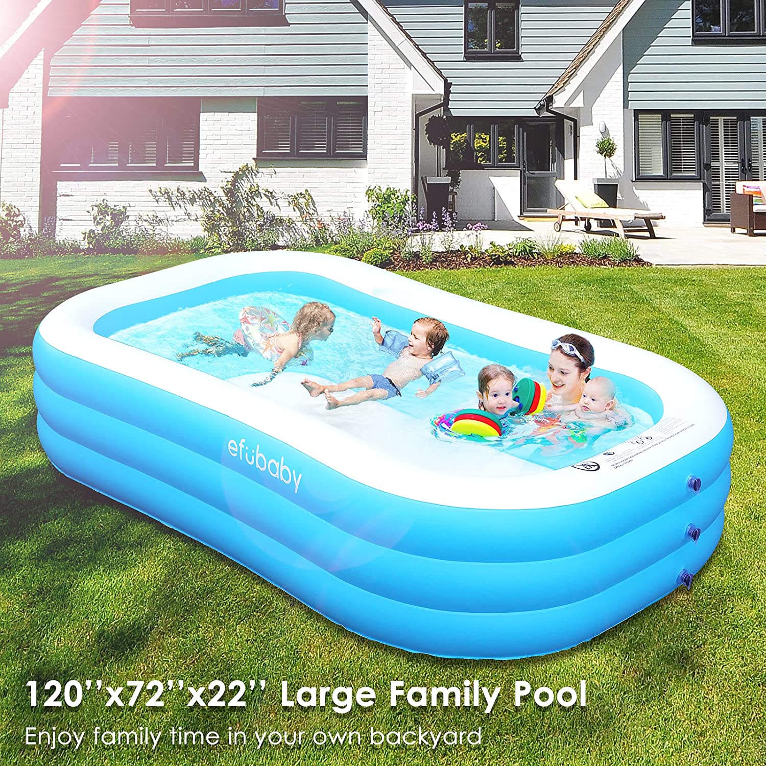 Inflatable Swimming Pool efubaby 120″ X 72″ X 22″ Swimming Pools Blow up Pool Full Sized Inflatable Pools Toddler Pool Family Pool for Adults Kids Age 3 +Pool for Backyard Pools Kiddie Pool Light Blue