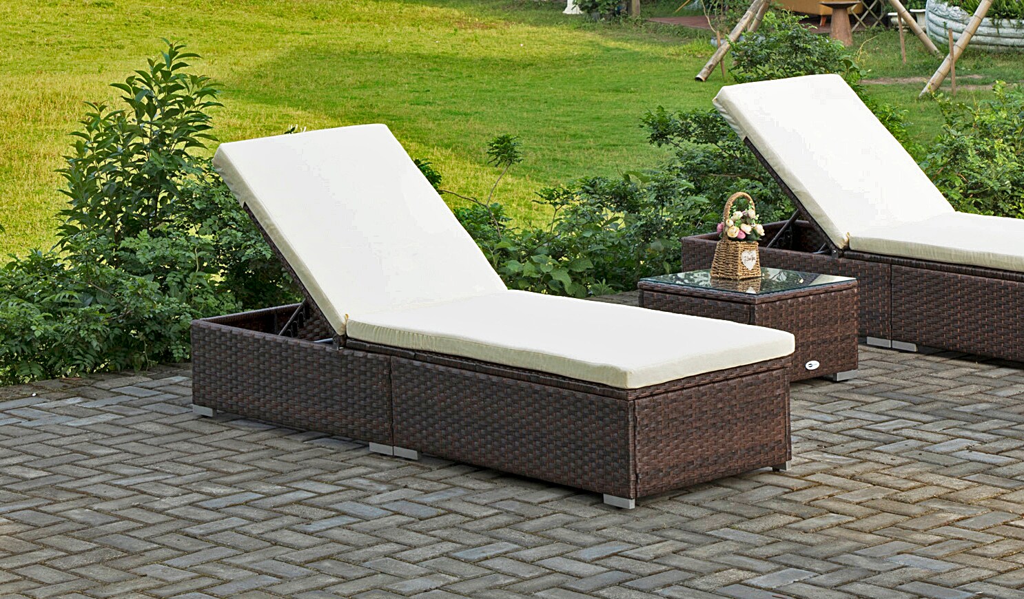 CASAINC Rattan Black Wood Frame Stationary Chaise Lounge Chair(s) with Black Cushioned Seat