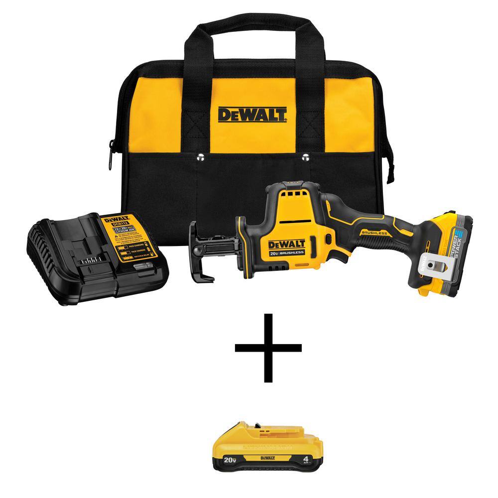 DEWALT DCS369E1WDCB240 Atomic 20-Volt Maximum Cordless Brushless Compact Reciprocating Saw with Compact 4.0Ah Battery. 1.7Ah Battery & Charger