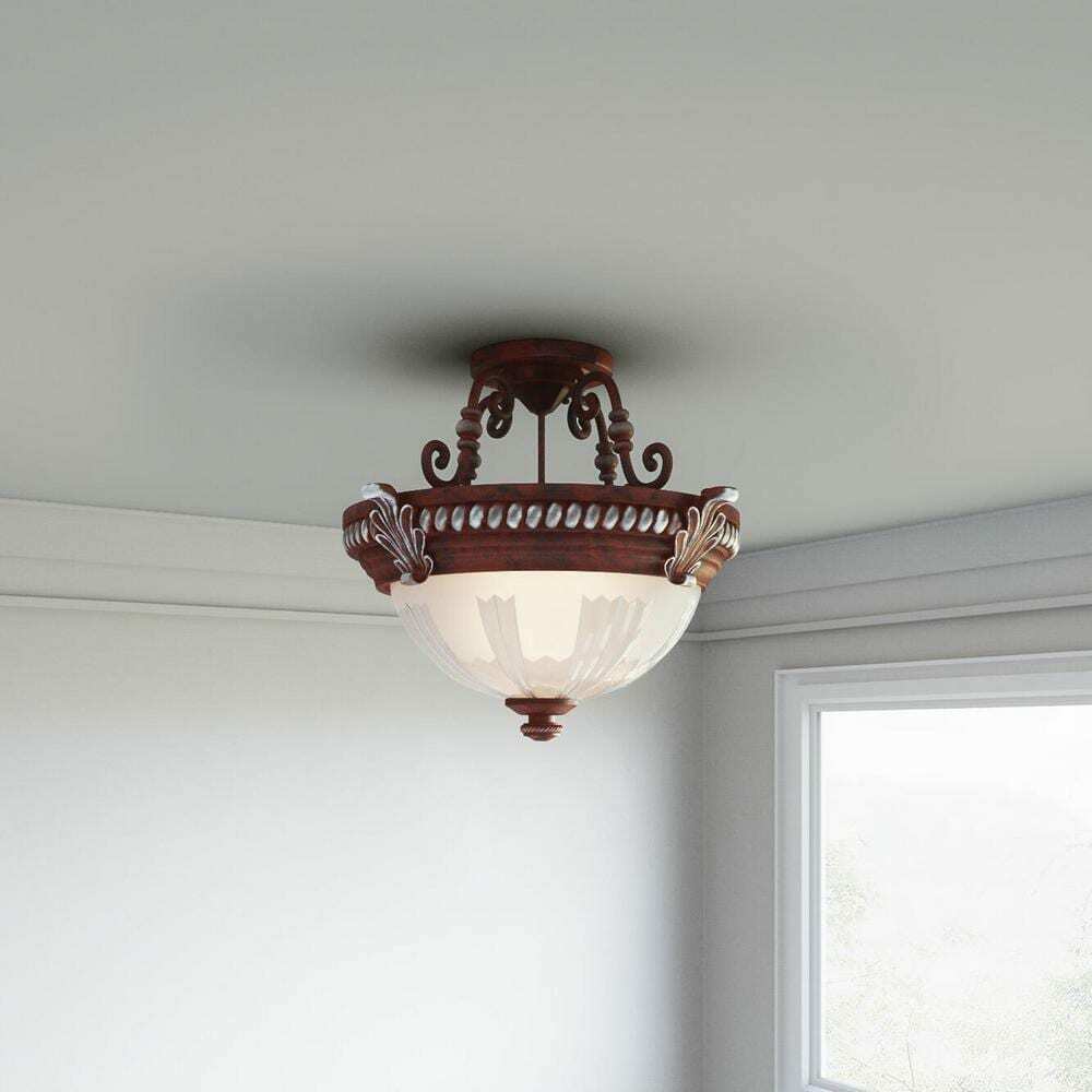 Hampton Bay Bercello Estates 15 in. 2-Light Volterra Bronze Semi-Flush Mount with Etched Glass Shade