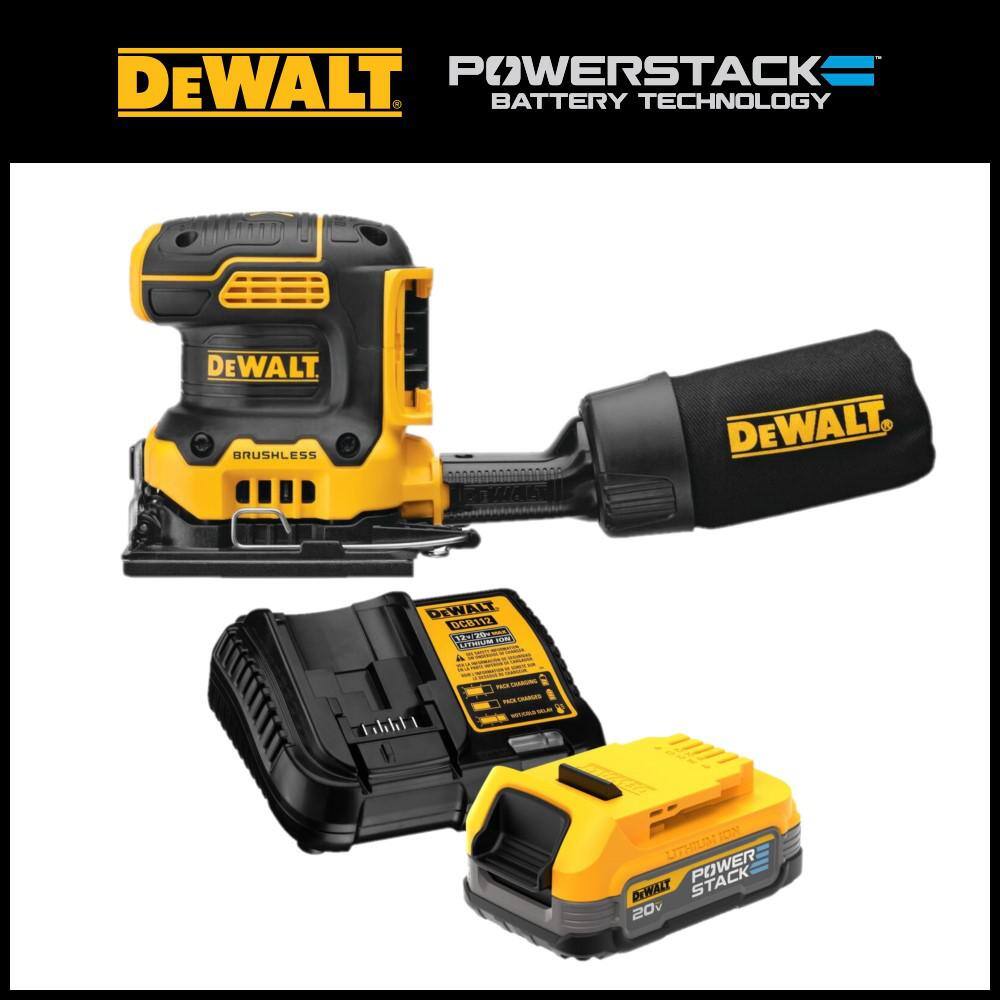 DEWALT DCW200BW034C 20V MAX XR Cordless Brushless 1/4 Sheet Variable Speed Sander and 20V MAX POWERSTACK Compact Battery Kit