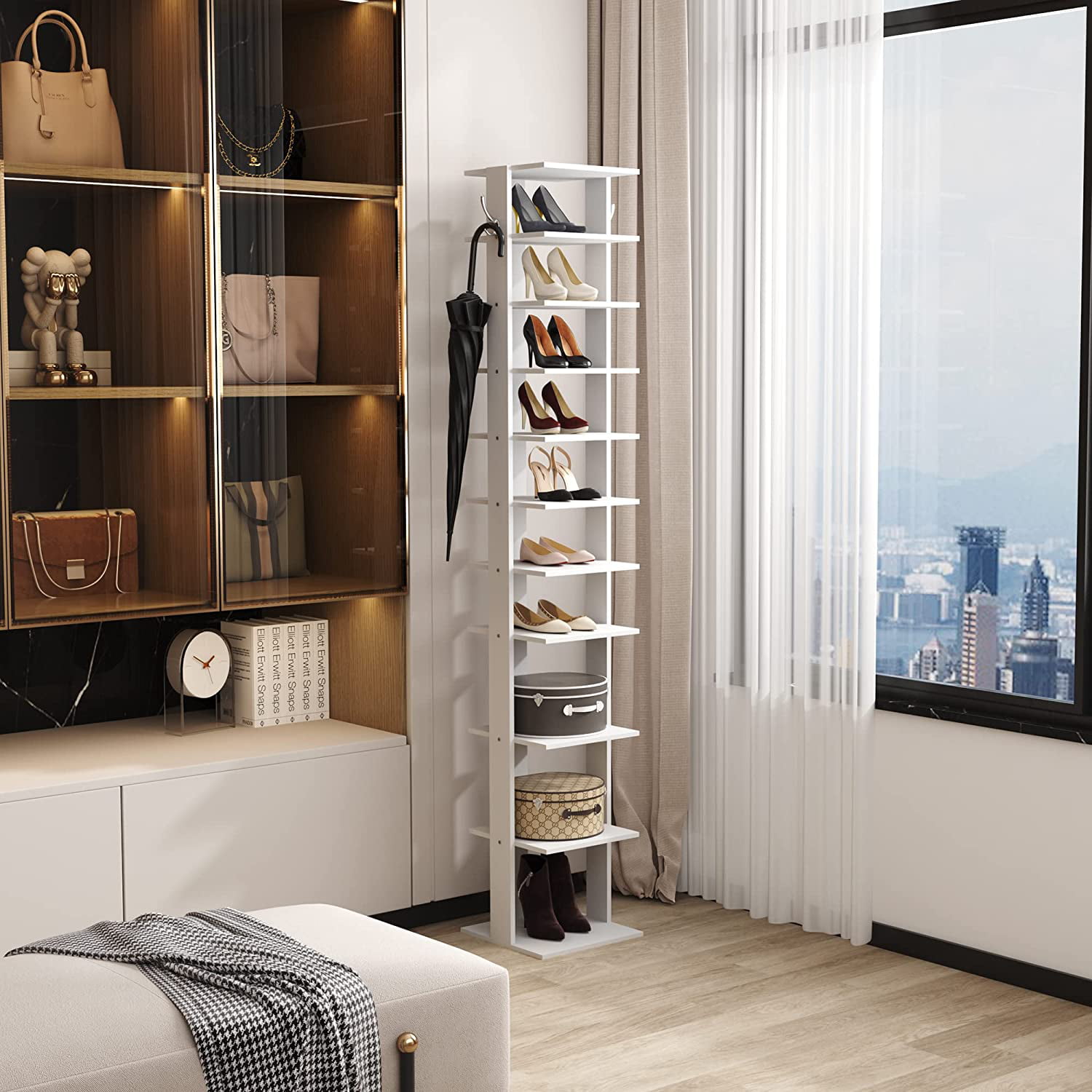 HOMEFORT 10-Tier Vertical Shoe Rack Corner Shoe Tower. White