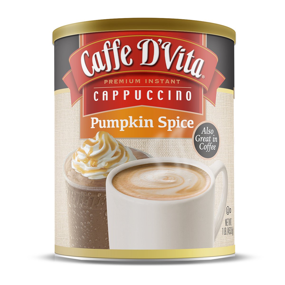 6 - 16 OZ CANISTERS CAFFE D-VITA PUMPKIN SPICE CAPPUCCINO MIX. THE HINT OF SPICE MAKES OUR PUMPKIN SPICE CAPPUCCINO TASTE LIKE A SLICE OF PUMPKIN PIE IN A MUG.