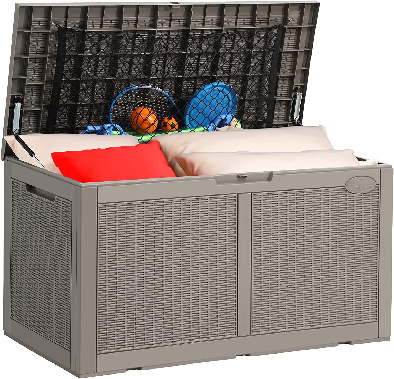 YITAHOME 100 Gallon Large Deck Box w/Storage Net. Resin Outdoor Storage Boxes. Waterproof Patio Cushion Storage Bench for Patio Furniture. Pool Supplies. Garden Tools- Rattan.Lockable (Light Brown)