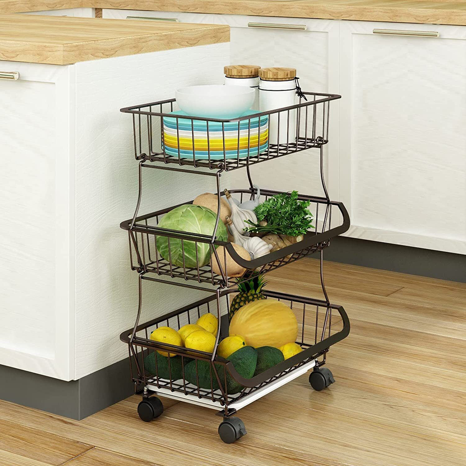 3Tier Fruit Trolley Kitchen Metal Wire Vegetable Storage Basket Cart With Wheels