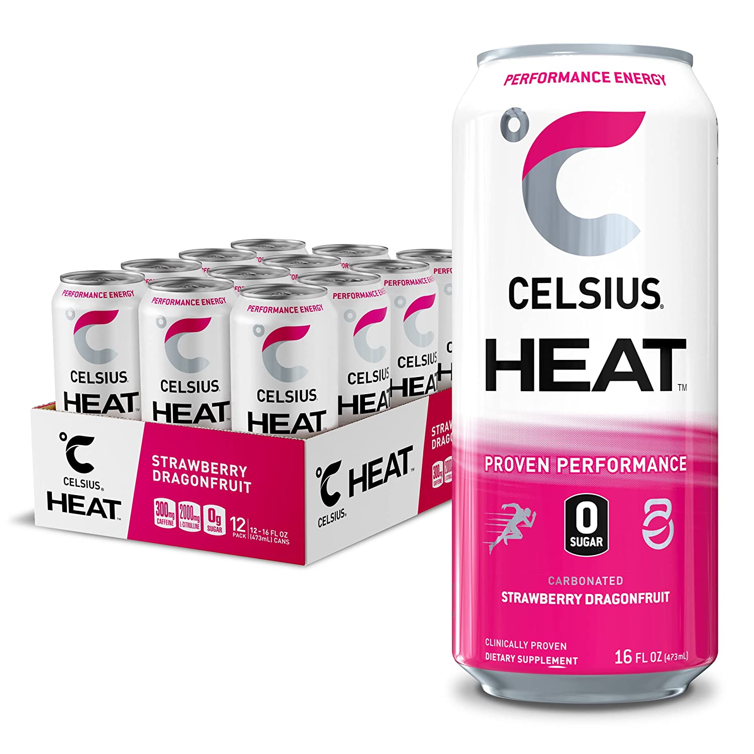 CELSIUS HEAT Strawberry Dragonfruit Performance Energy Drink. Zero Sugar. 16 Fl Oz (Pack of 12)