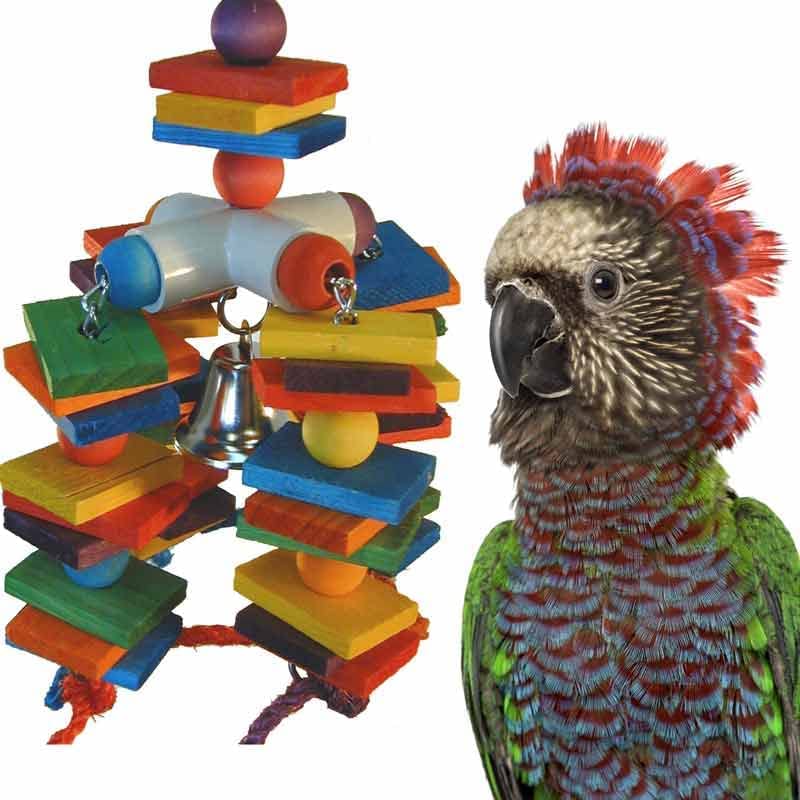 Super Bird Creations SB440 4 Way Play Bird Toy with Colorful Wooden Blocks & Ringing Bell. Large Bird Size. 15 x 7 x 7