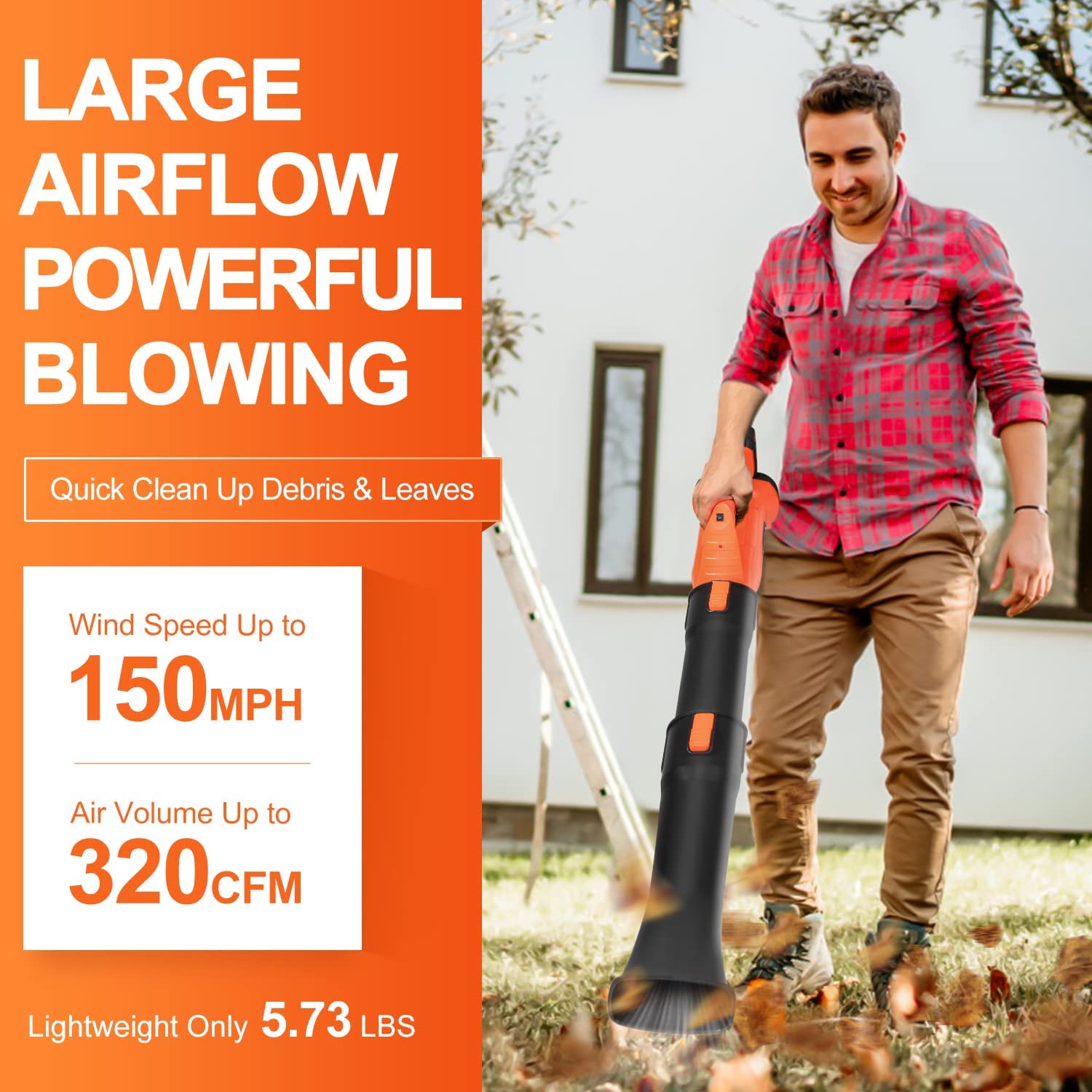 Blütezeit 21V Cordless Leaf Blower. 320CFM 150MPH Battery Powered (4.0Ah Battery & Charger) 6 Speed Adjustable. Lightweight 