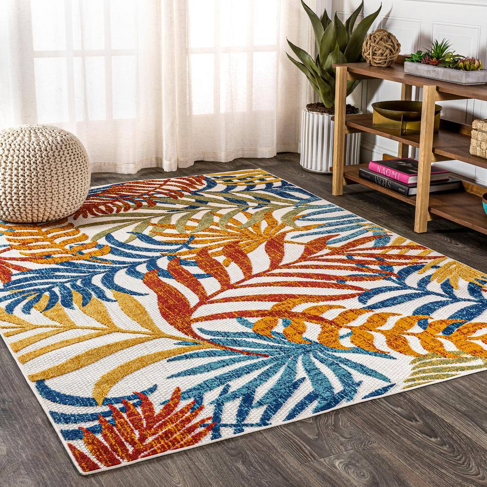 JONATHAN Y  Tropics Palm Leaves Cream/Orange 9 ft. x 12 ft. Indoor/Outdoor Area Rug