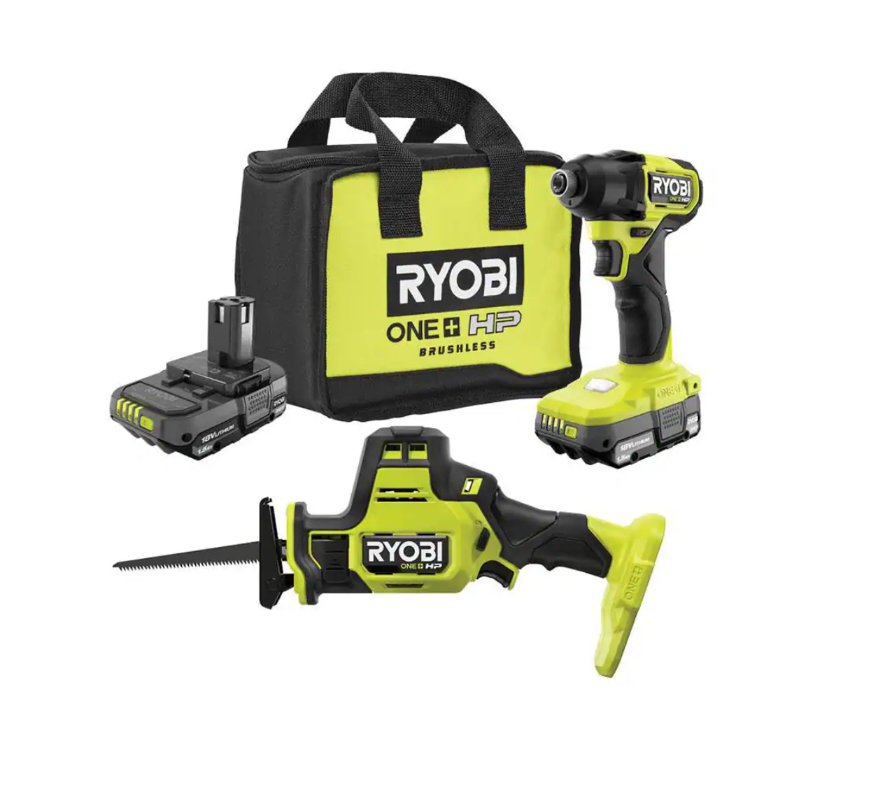 RYOBI PSBID01K-PSBRS01B ONE+ HP 18V Brushless Cordless Compact 1/4 in. Impact Driver and One-Handed Recip Saw Kit with (2) Batteries. Charger