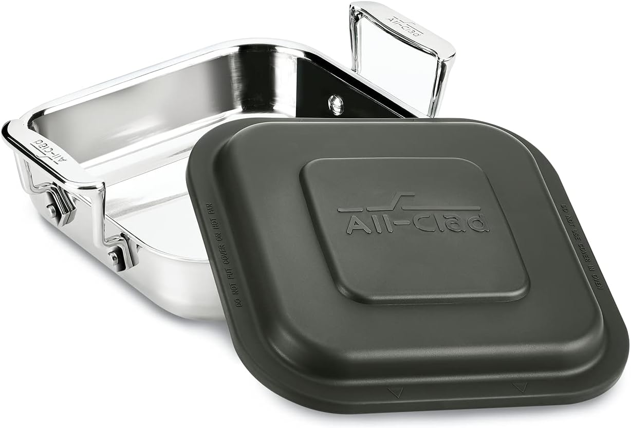 All-Clad Specialty Cookware Stainless Steel and Plastic Square Covered Baking Pan 8 x 8 Inch Rounded Edges. Upright Handles. BPA Free Plastic Lid. Oven Broil Safe 600F Pots and Pans