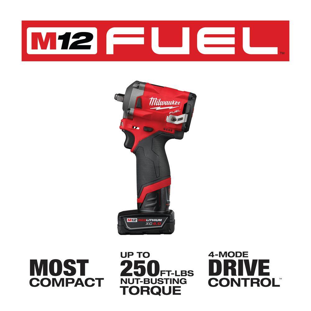 Milwaukee 2554-22-2457-20 M12 FUEL 12V Lithium-Ion Brushless Cordless Stubby 3/8 in. Impact Wrench Kit with M12 3/8 in. Ratchet