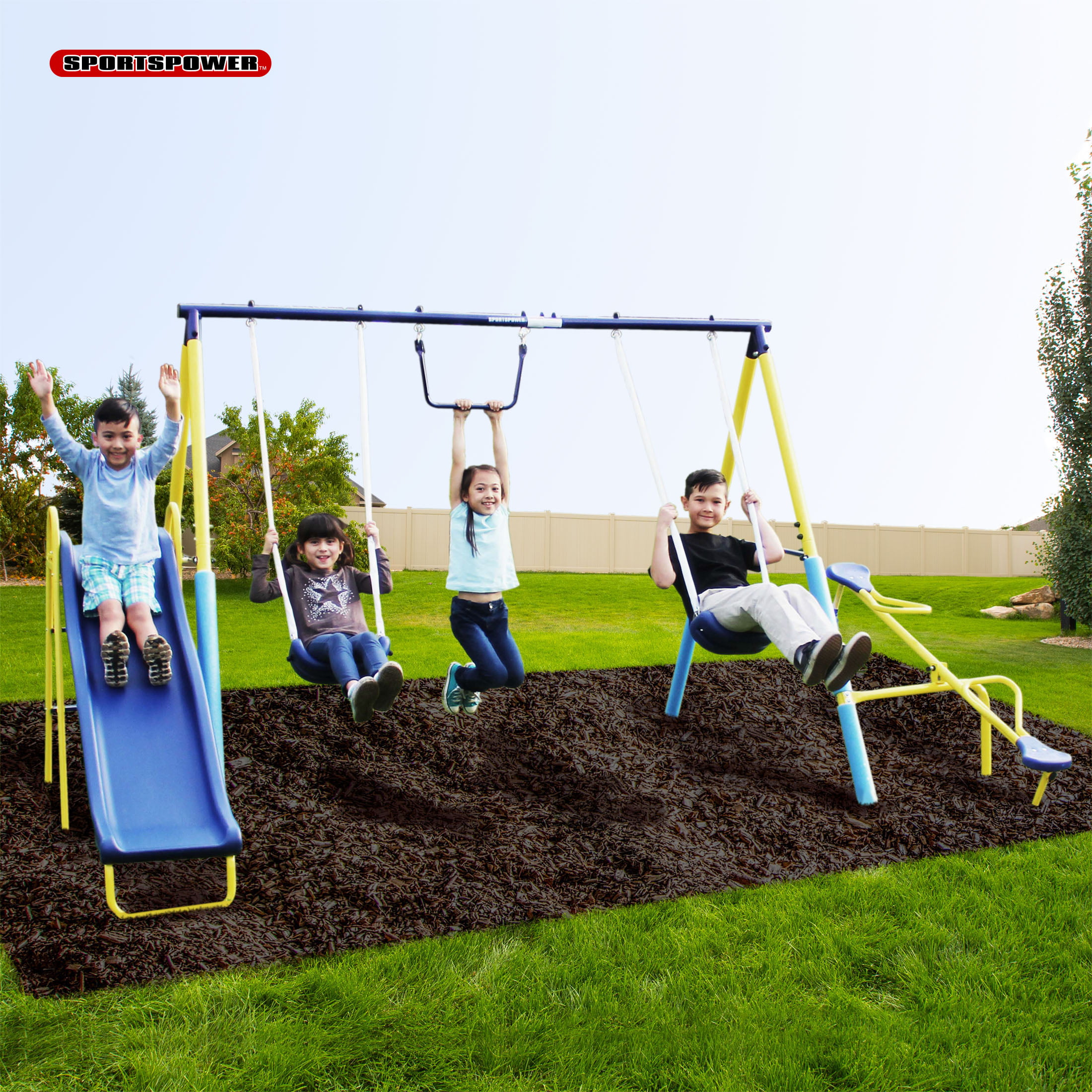 Sportspower Outdoor Super First Metal Swing Set with Trapeze. Teeter-Totter. and 6ft Heavy Duty Slide
