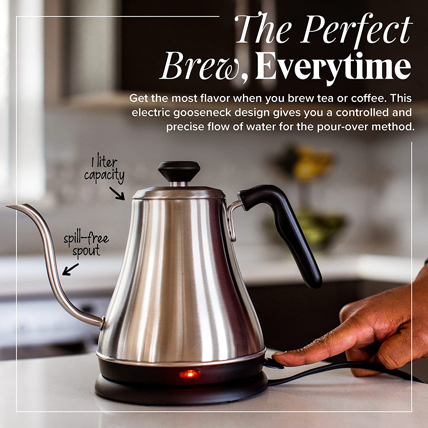Willow & Everett Electric Gooseneck Kettle - 1L. 120 Volt. Stainless Steel Electric Tea Kettle - Water Pot Heater/Warmer. Coffee & Tea