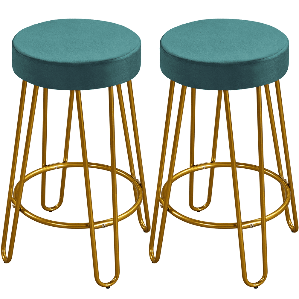 SMILE MART 26.5″H Upholstered Velvet Counter Stools with Golden Metal Legs Set of 2. Peacock Blue