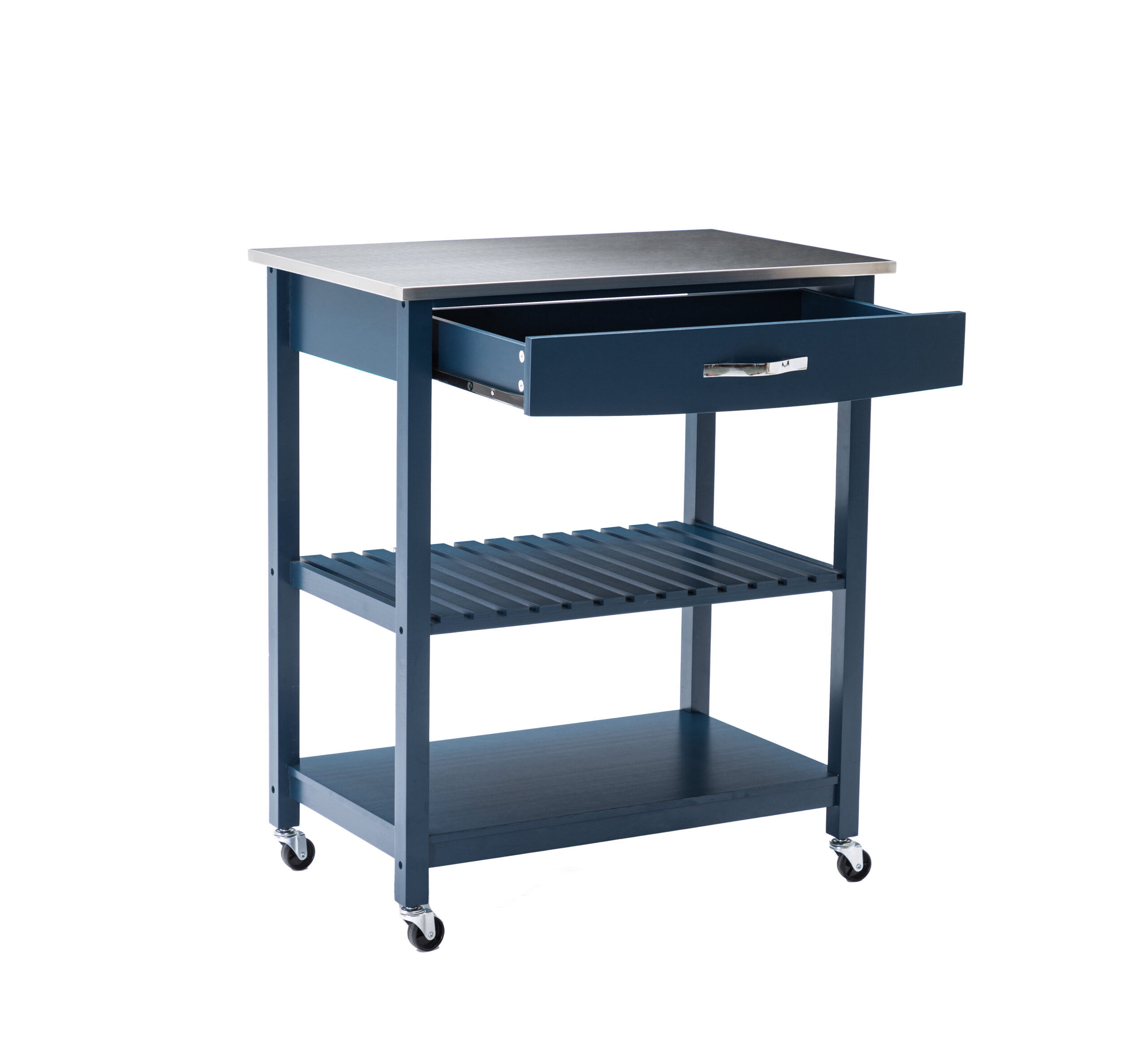 Boraam Holland Wood Kitchen Cart with Stainless Steel Top. Navy Blue Finish