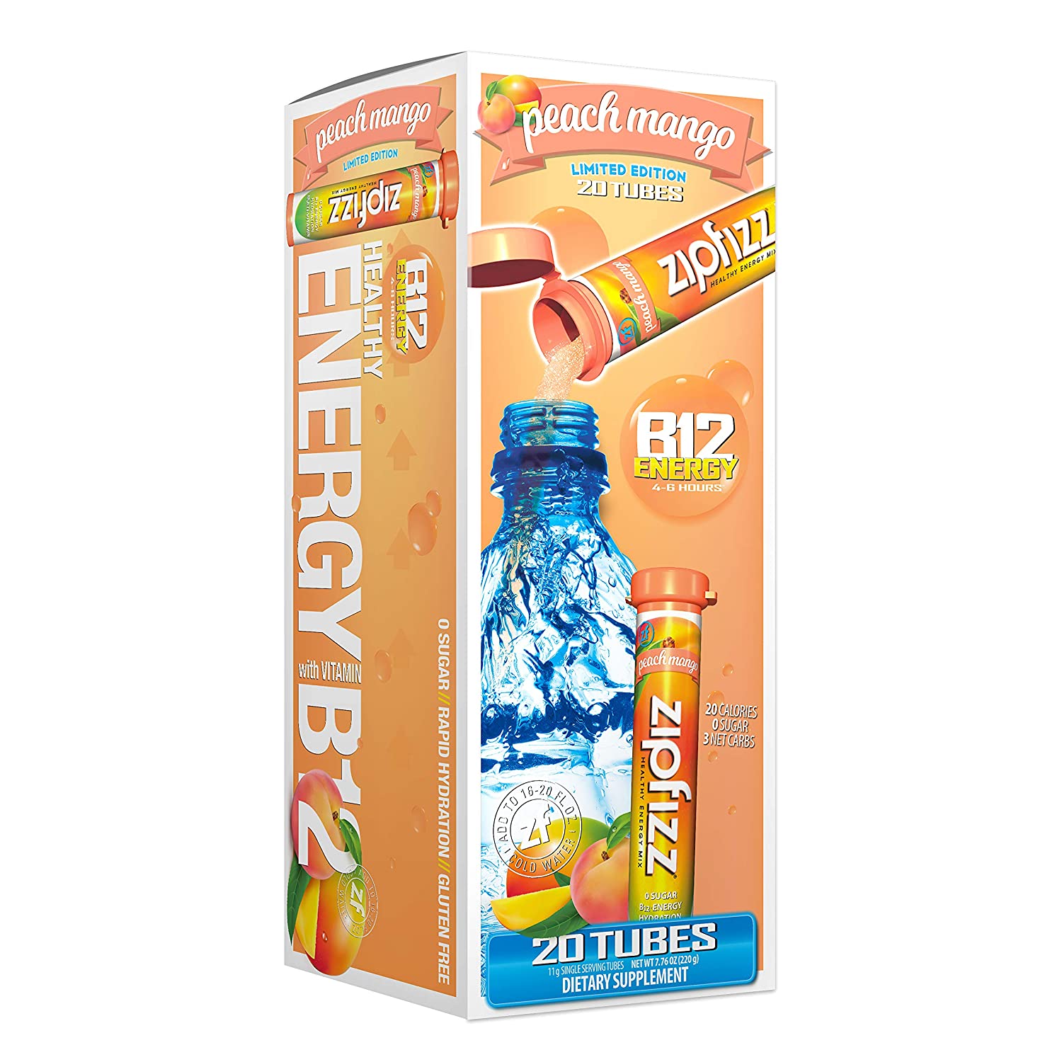 Zipfizz Healthy Energy Drink Mix. Hydration With B12 & Multi Vitamins. New. Peach Mango. 20 Count