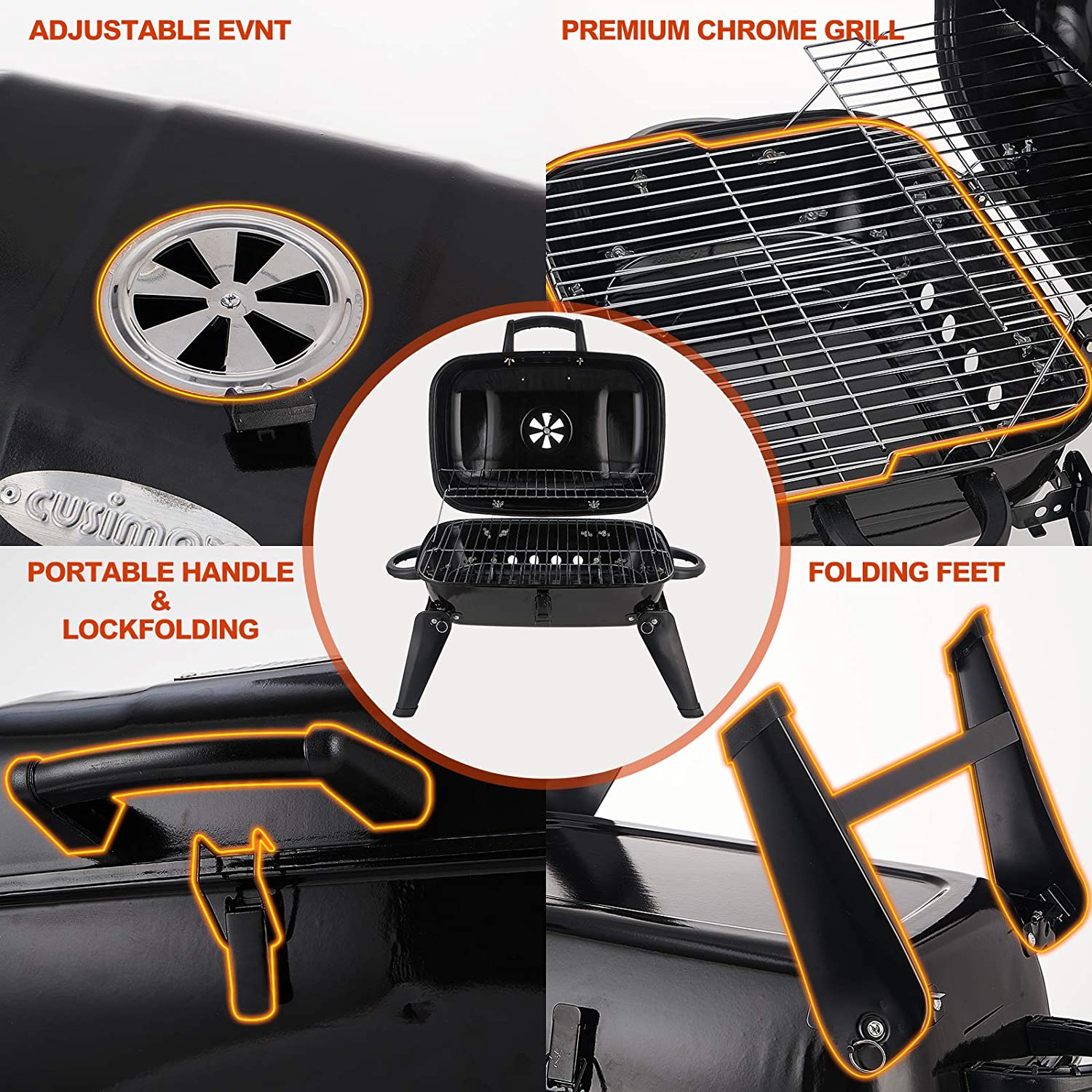 CUSIMAX Charcoal BBQ Grill. Portable Small Grills and Smokers Folding Tabletop Grills. for Camping Patio Backyard and Anywhere Outdoor Cooking. 18-Inch. Black