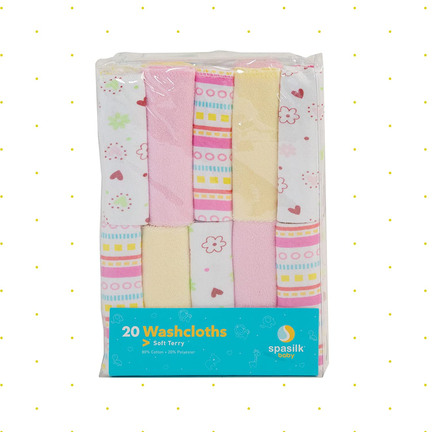 Spasilk Washcloth Wipe Set for Newborn Boys & Girls. Soft Terry. 20 Pack