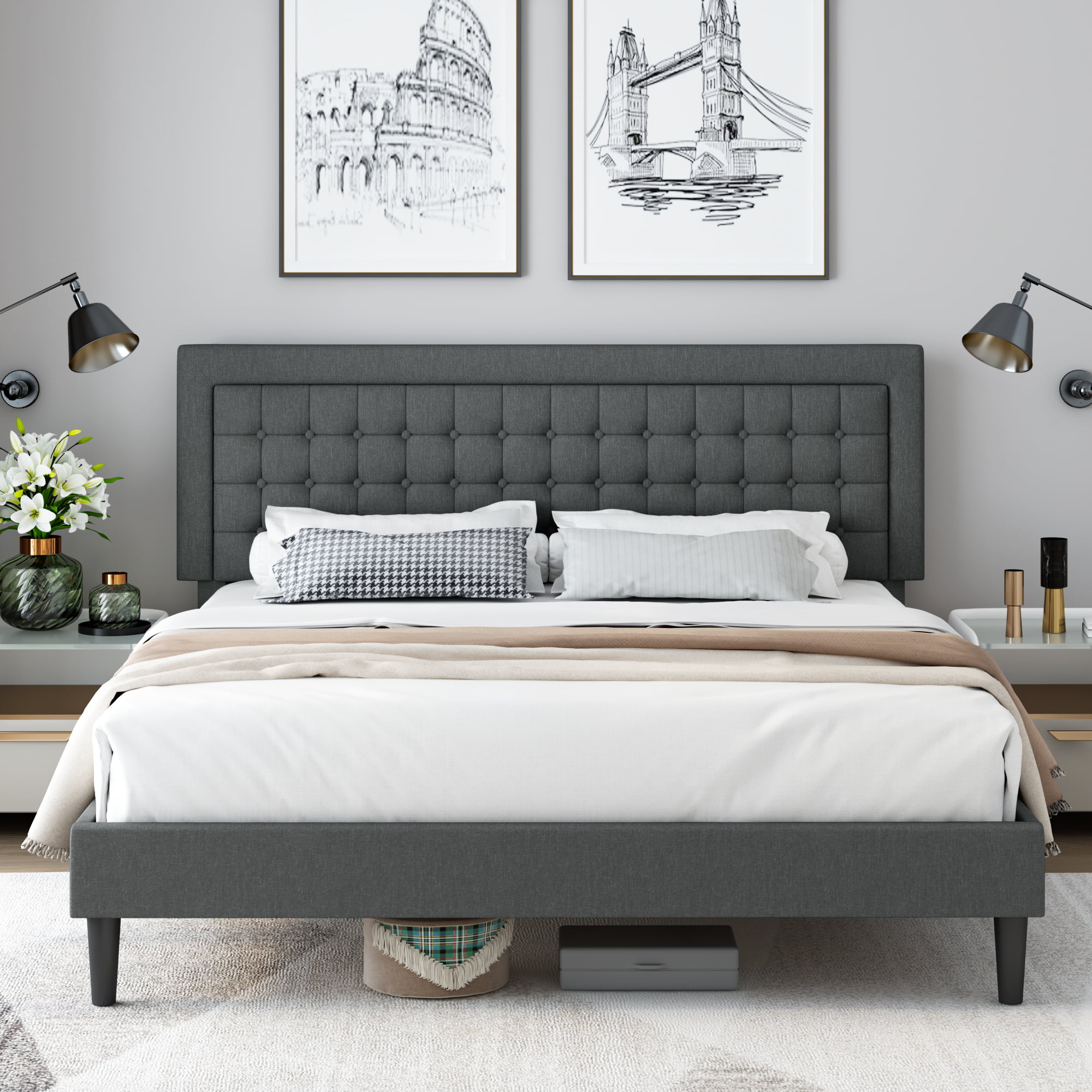 Homfa King Bed Frame. Button Tufted Upholstered Platform with Adjustable Headboard. Dark Grey