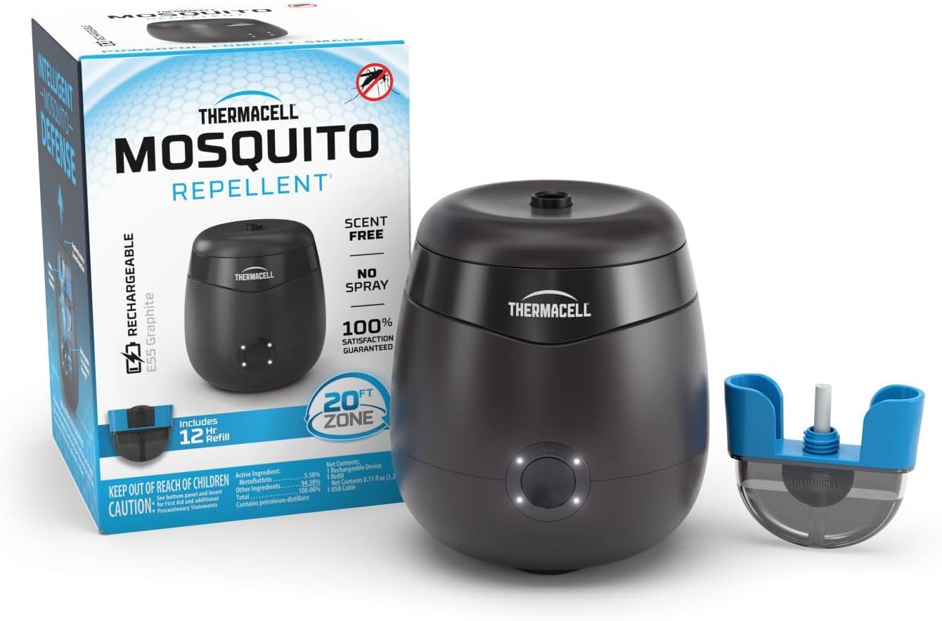 Thermacell Mosquito Repellent E-Series Rechargeable Repeller with 20' Mosquito Protection Zone; Includes 12-Hr Repellent Refill; No Spray. Flame or Scent; DEET-Free Bug Spray Alternative