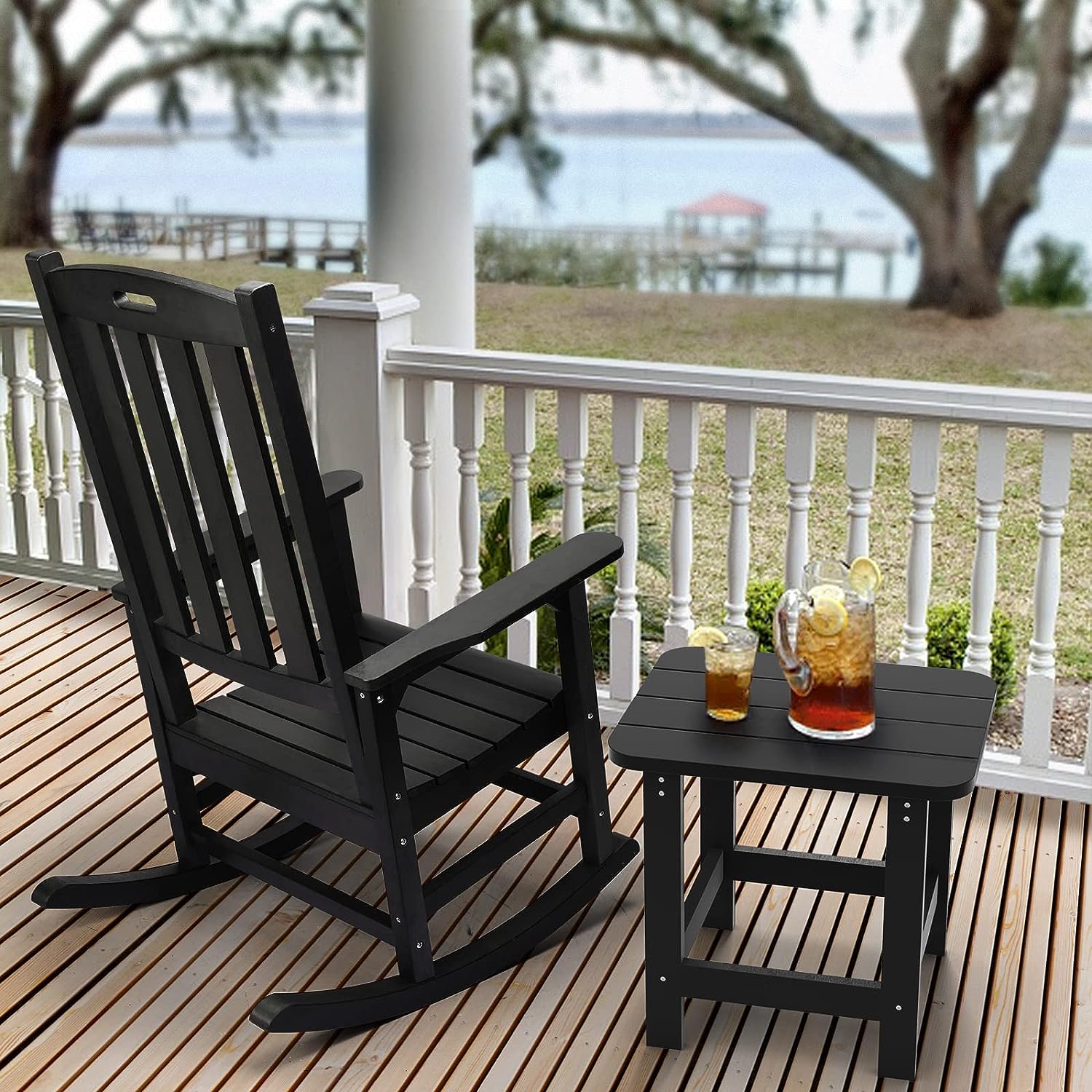 Cecarol Patio Oversized Rocking Chair Outdoor. Weather Resistant. Low Maintenance. High Back Front Porch Rocker Chairs 385lbs Support Poly Lumber Rocker. Wood-Like Plastic Chair. Black-PRC01