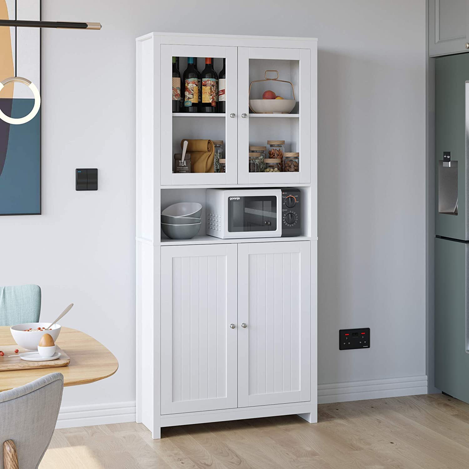 Homfa Standard Bookcase with Doors. Kitchen Hutch Cabinet. 74.6″ H 5 Tiers Tall Bookshelf with Glass Doors. White