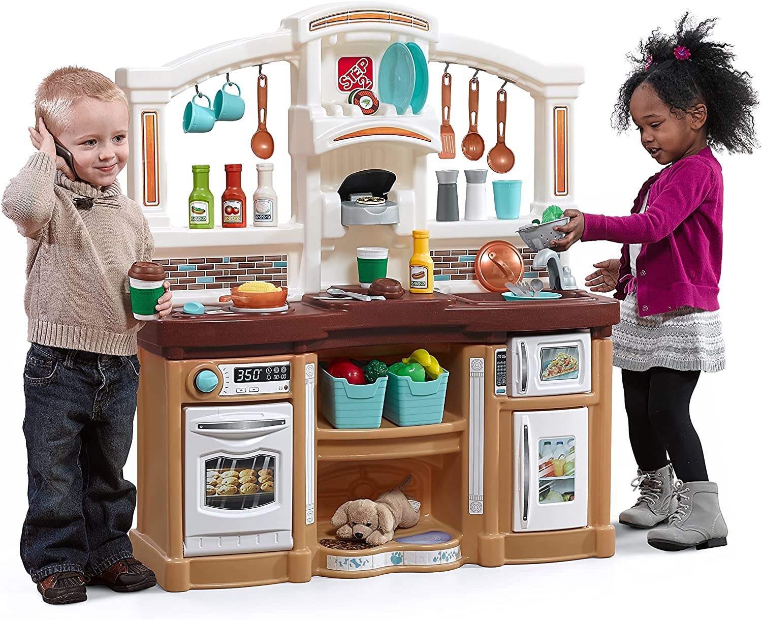 Step2 Fun with Friends Kitchen Set for Kids – Tan – Includes Toy Kitchen Accessories. Interactive Features for Pretend Play – Indoor/Outdoor Toddler Playset