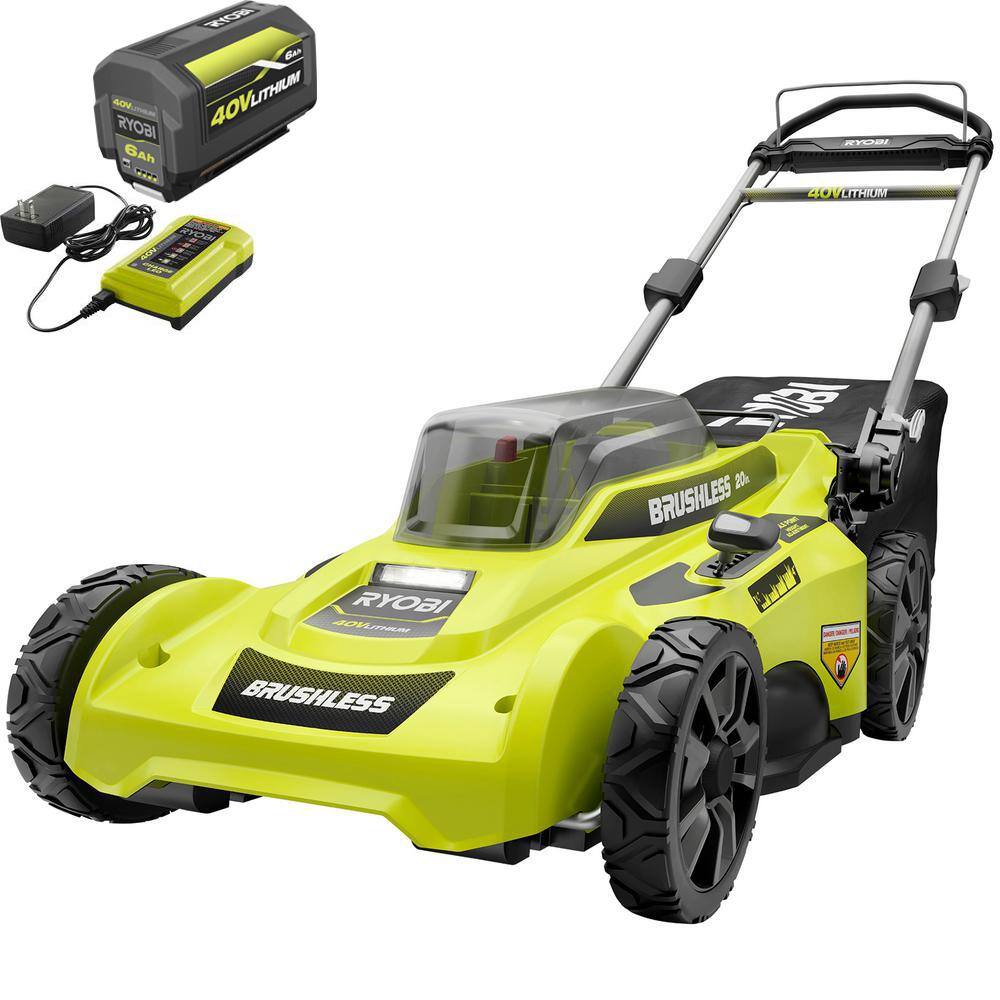 RYOBI RY401110-Y 40V Brushless 20 in. Cordless Battery Walk Behind Push Lawn Mower with 6.0 Ah Battery and Charger