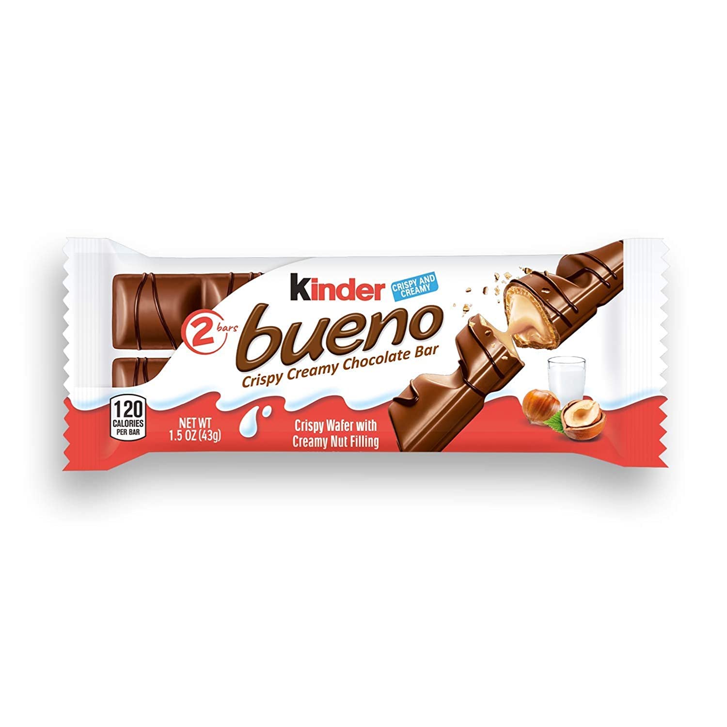 Kinder Bueno Milk Chocolate and Hazelnut Cream Candy Bar. 30 Packs. 2 Individually Wrapped 1.5 oz Bars Per Pack