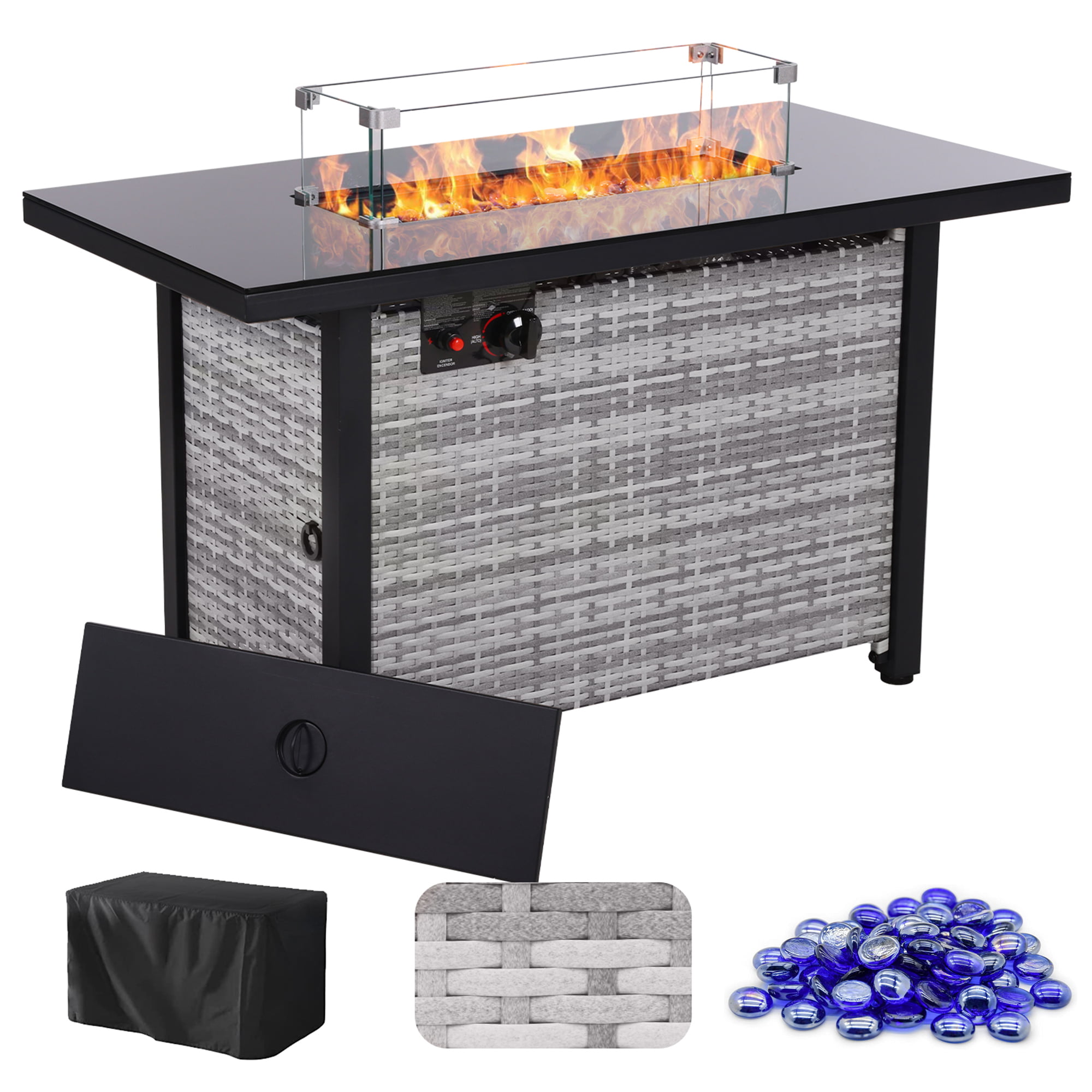 43 inch 60.000 BTU PE Rattan Propane Fire Pit Table Auto-Ignition Wicker Propane Fire Pit Table for Patio. Garden. Backyard