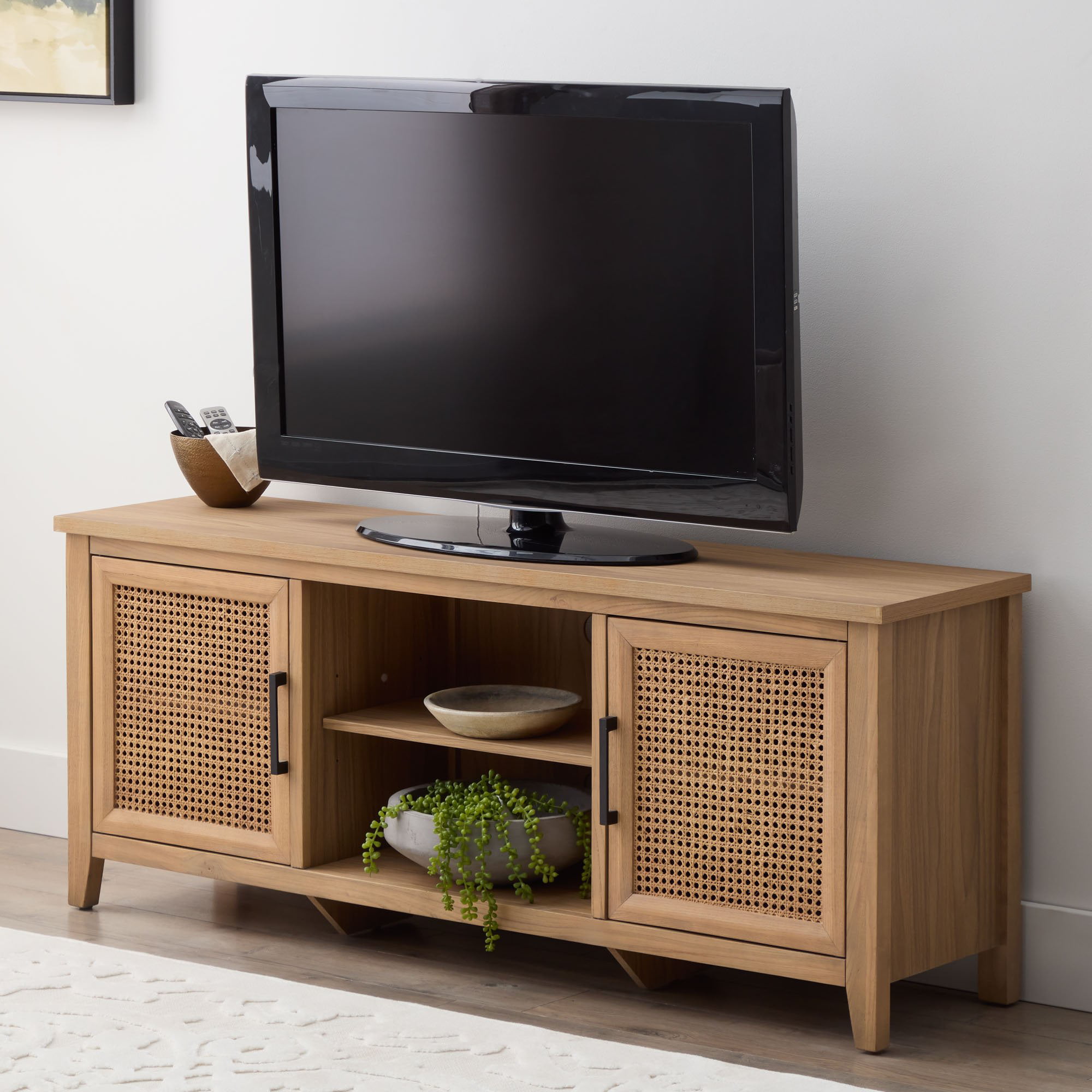 My Texas House Emma Wood and Cane TV Stand for TVs up to 65 inches. Light Oak. 5 minute Assembly