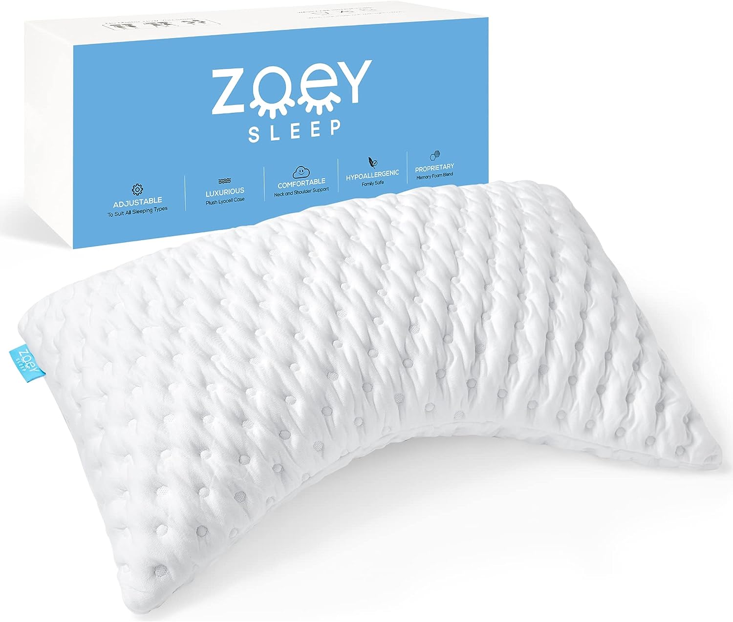 Zoey Sleep Side Sleep Pillow for Neck and Shoulder Pain Relief - Adjustable Memory Foam Bed Pillows for Sleeping - Plush Machine Washable Pillow Cover - Queen Size 19″ x 29″ (Queen. White)