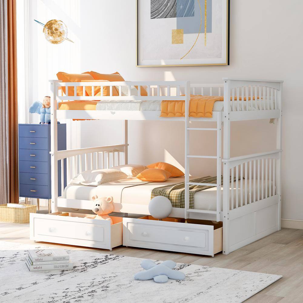 Harper & Bright Designs  White Full Over Full Wood Bunk Bed with 2-Drawers