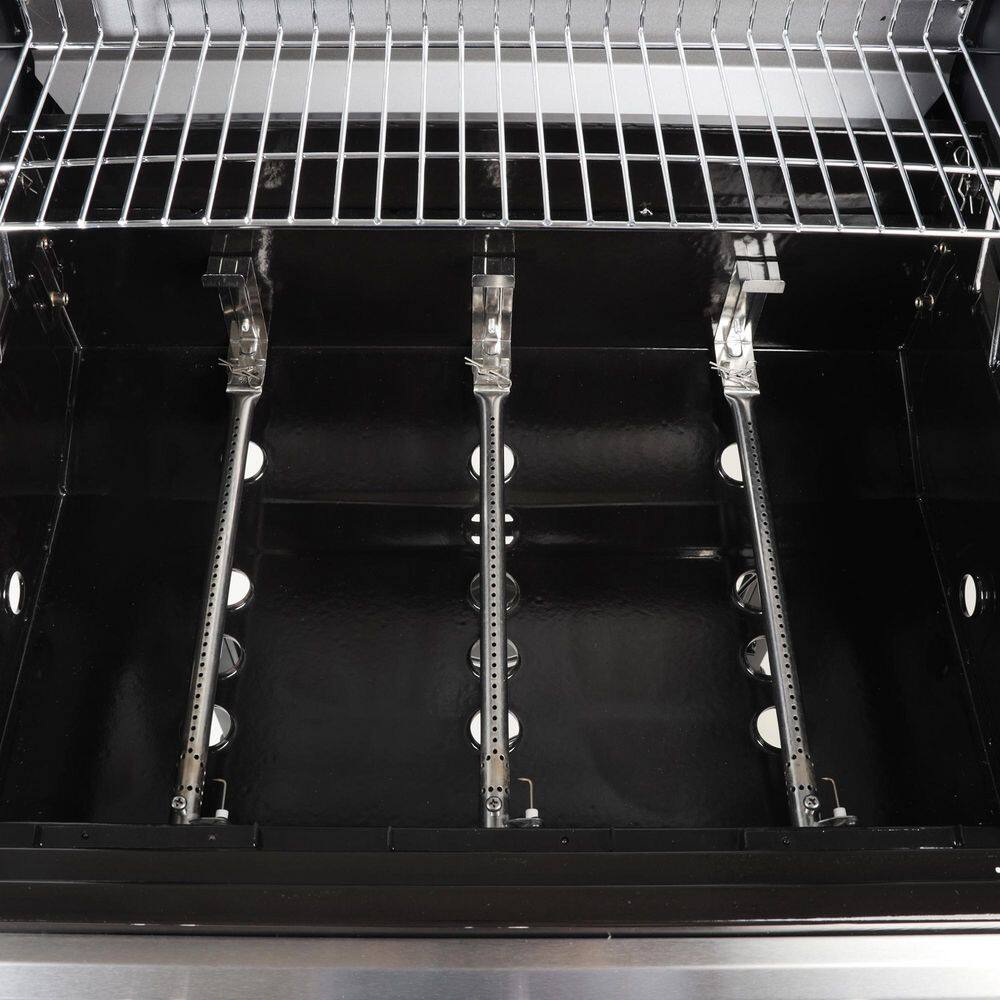 Grill Boss GBC1932M 3 Burner Gas Grill in Black with Top Cover and Shelves Stainless Steel. 2 Number of Side Burners