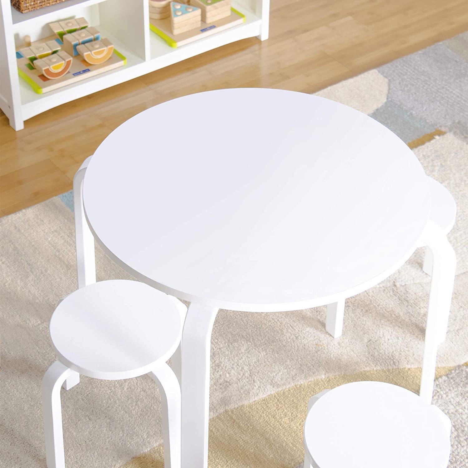 Guidecraft Nordic Table and Chairs Set for Kids: White - Stacking Bentwood Stools with Curved Wood Toddler Activity Table - Children-s Modern Bedroom. Playroom. and Living Room Furniture