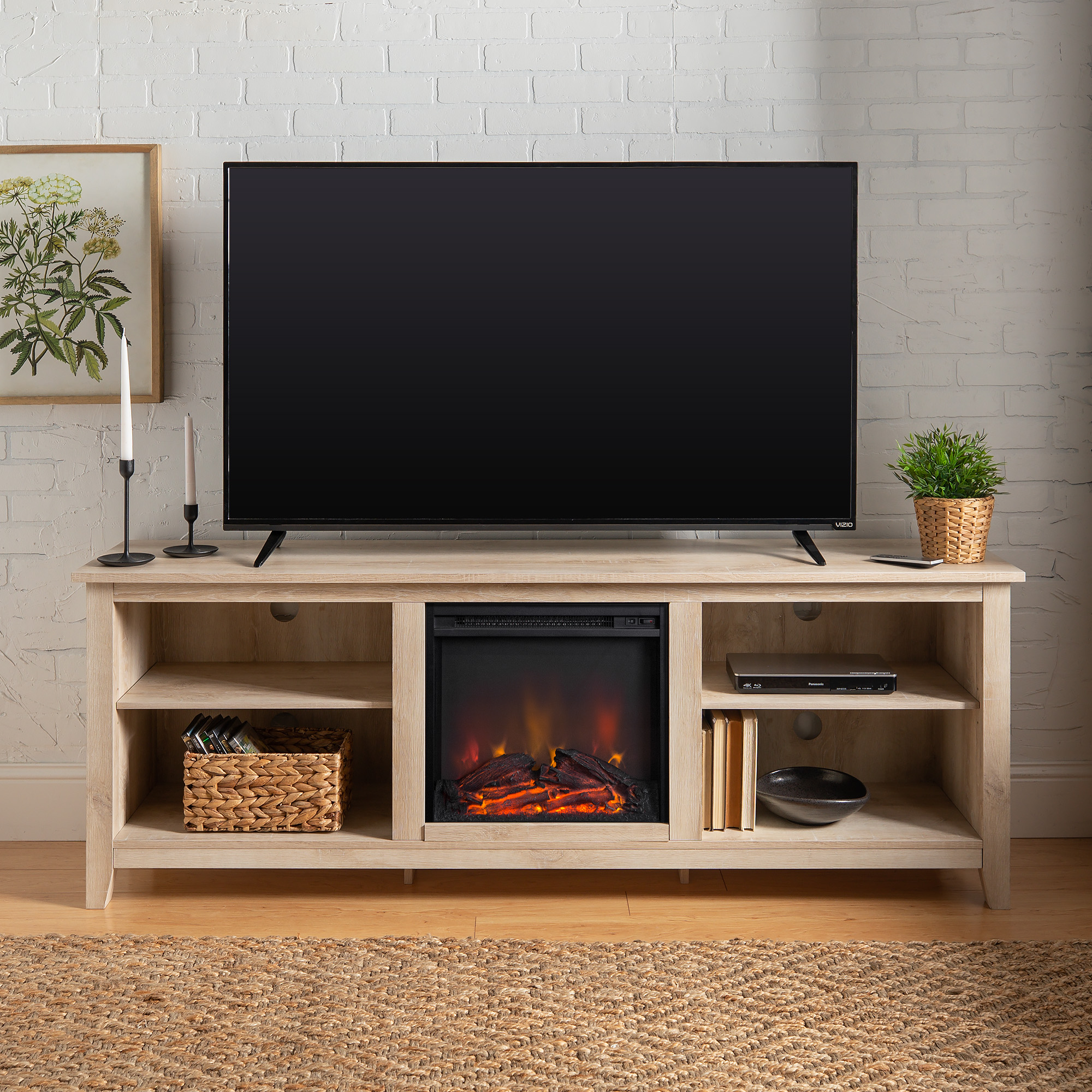 Woven Paths Open Storage Fireplace TV Stand for TVs up to 80″. White Oak