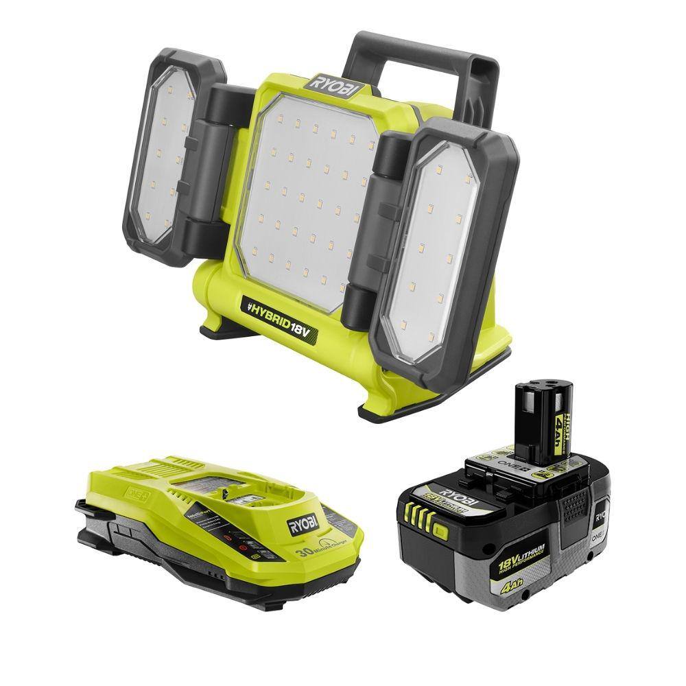 RYOBI PCL631B-PSK004 ONE+ 18V Cordless Hybrid LED Panel Light Kit with HIGH PERFORMANCE Lithium-Ion 4.0 Ah Battery and Charger Kit