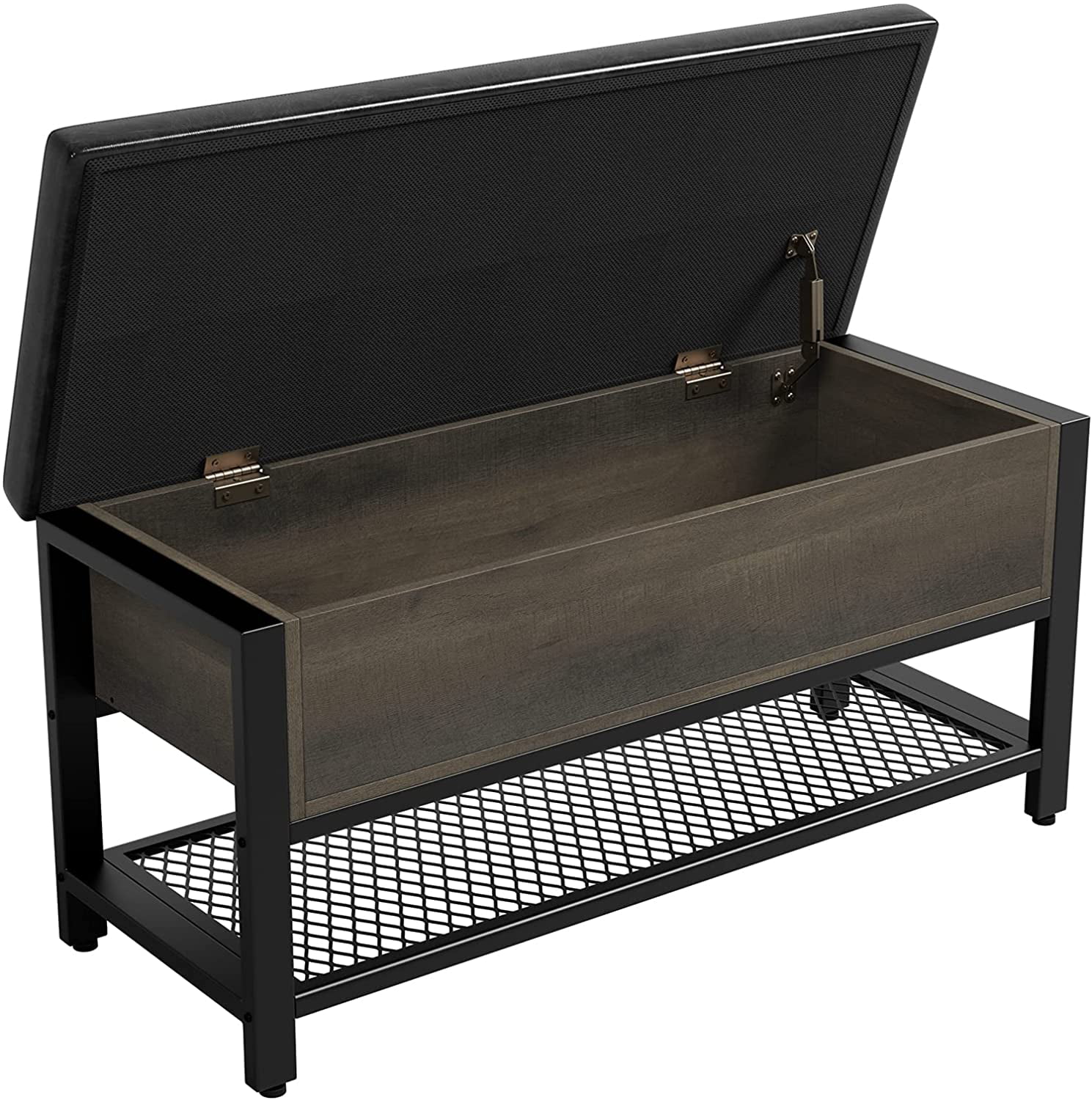 Industrial Storage Bench. Flip Top Long Shoe Bench. Bed End Stool with Leather Padded Seat and Steel Shelf. for Hallway. Foyer. Living Room. Bedroom. Dark Brown and Black Finish