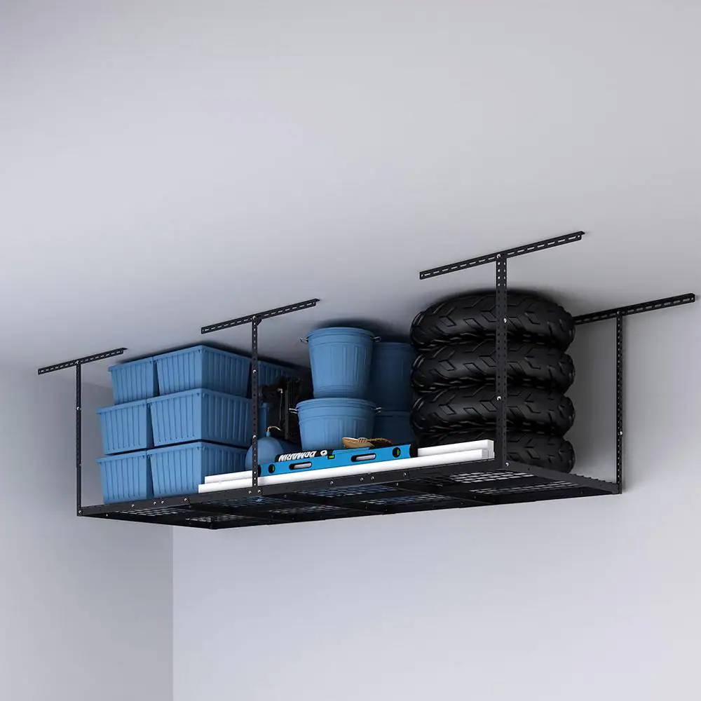 FLEXIMOUNTS GR38B-E Adjustable Height Overhead Ceiling Mount Garage Rack in Black (96 in. W x 36 in. D)