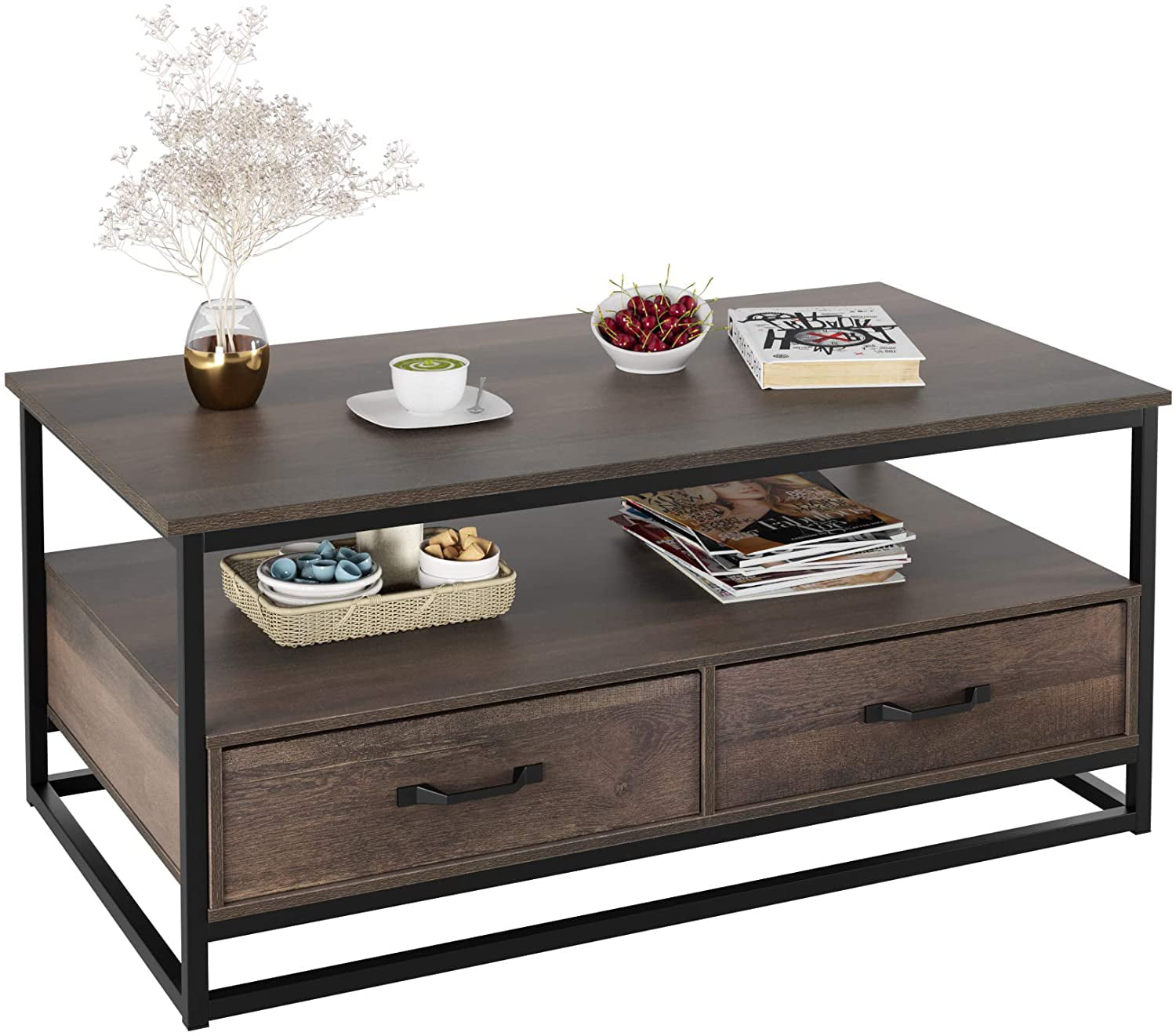 Homfa Coffee Table for Living Room. 43″” Wooden Cocktail Table with Storage Shelf and 2 Drawers. Rustic Center Table for Home Office. Dark Brown