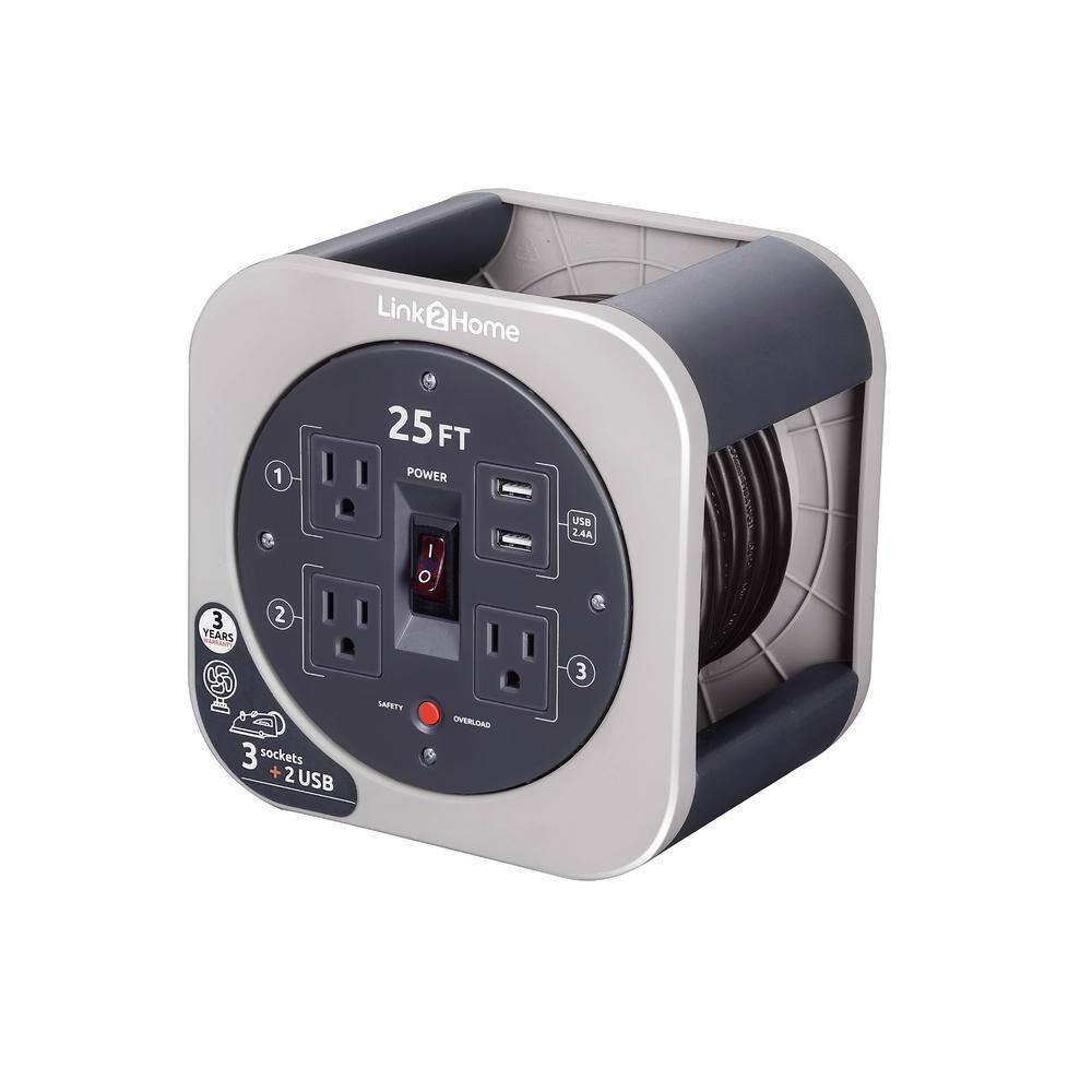 Link2Home EM-EL-275G 25 ft. 16/3 Extension Cord Storage Reel with 3 Grounded Outlets 2 USB 3.4 Amp and Overload Reset Button