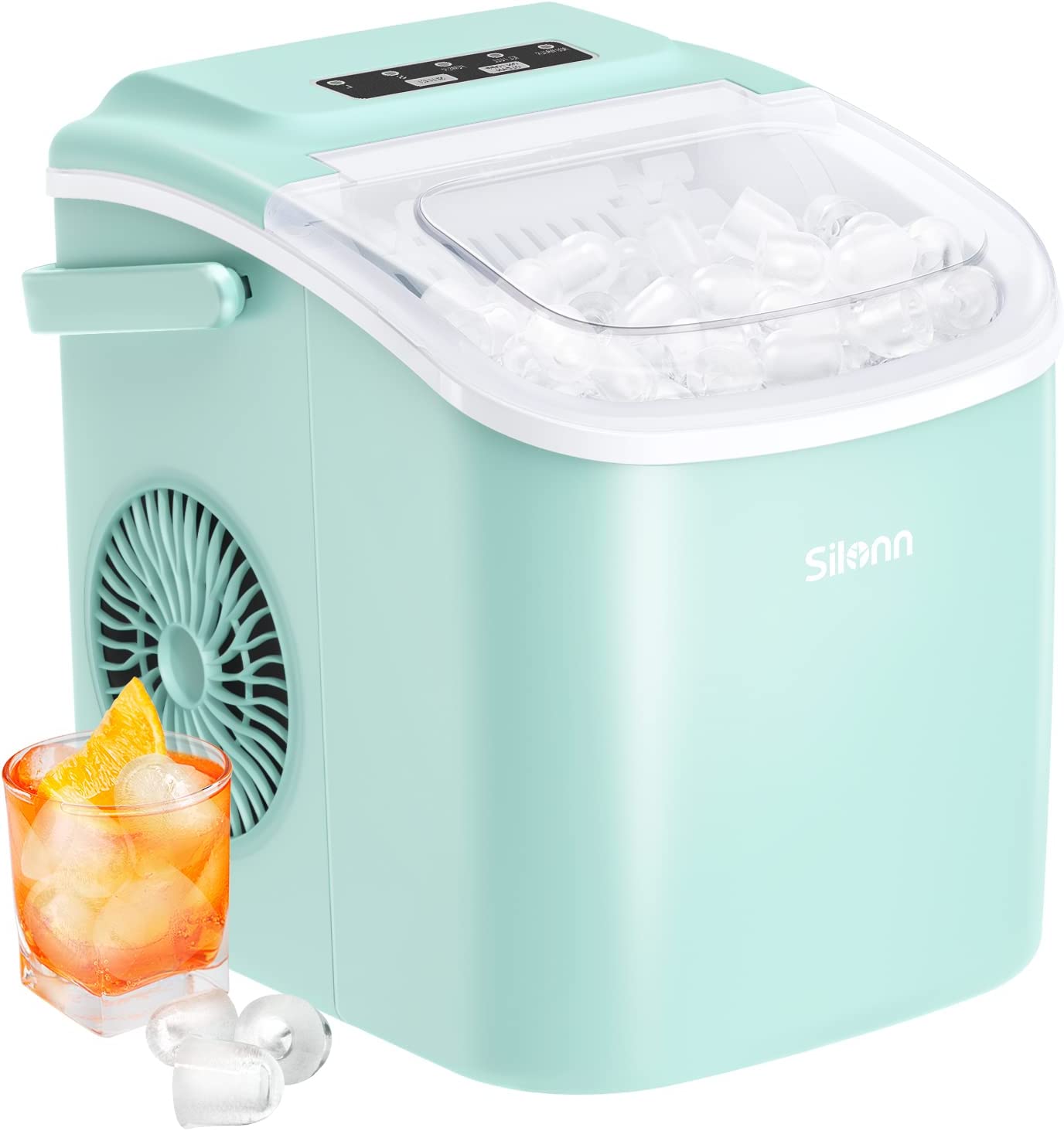 Silonn Countertop Ice Maker. 9 Cubes Ready in 6 Mins. 26lbs in 24Hrs. Self-Cleaning Ice Machine with Ice Scoop and Basket. 2 Sizes of Bullet Ice for Home Kitchen Office Bar Party. Green (SLIM09)